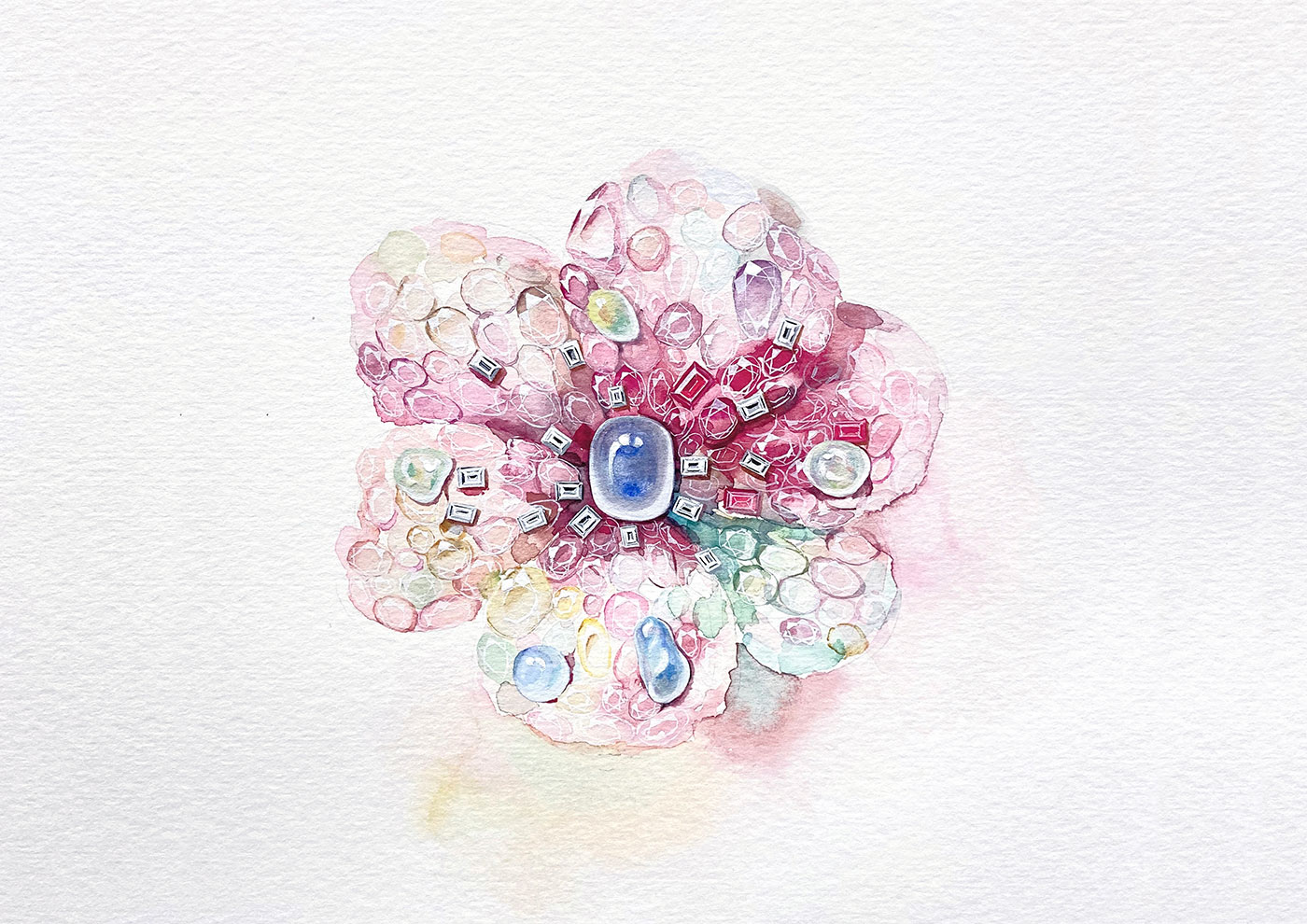 Feng J. Icy Pink Dahlia brooch gouache