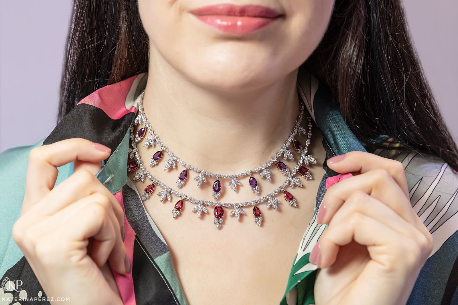 Luca Carati necklaces with tourmalines, amethysts and diamonds. Photo by Simon Martner