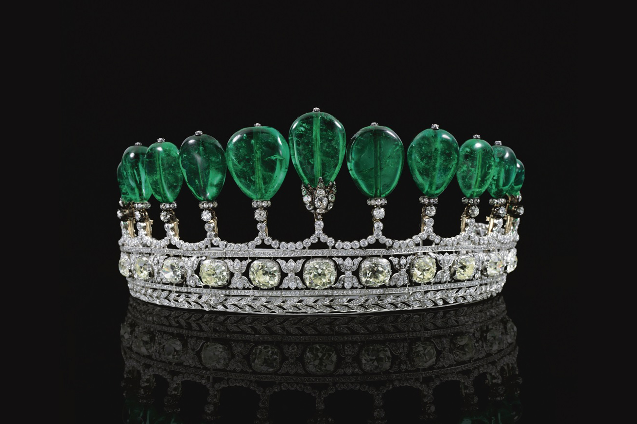 The Henckel Von Donnersmarck Tiara with approx. 500ct Colombian emeralds, colourless and yellow diamonds