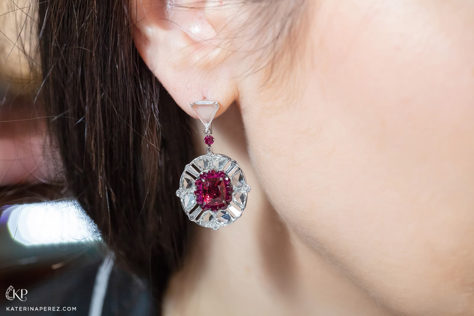 VAK earrings with non-treated Burmese spinel, non-treated rubies, and rose, baguette and brilliant cut diamonds