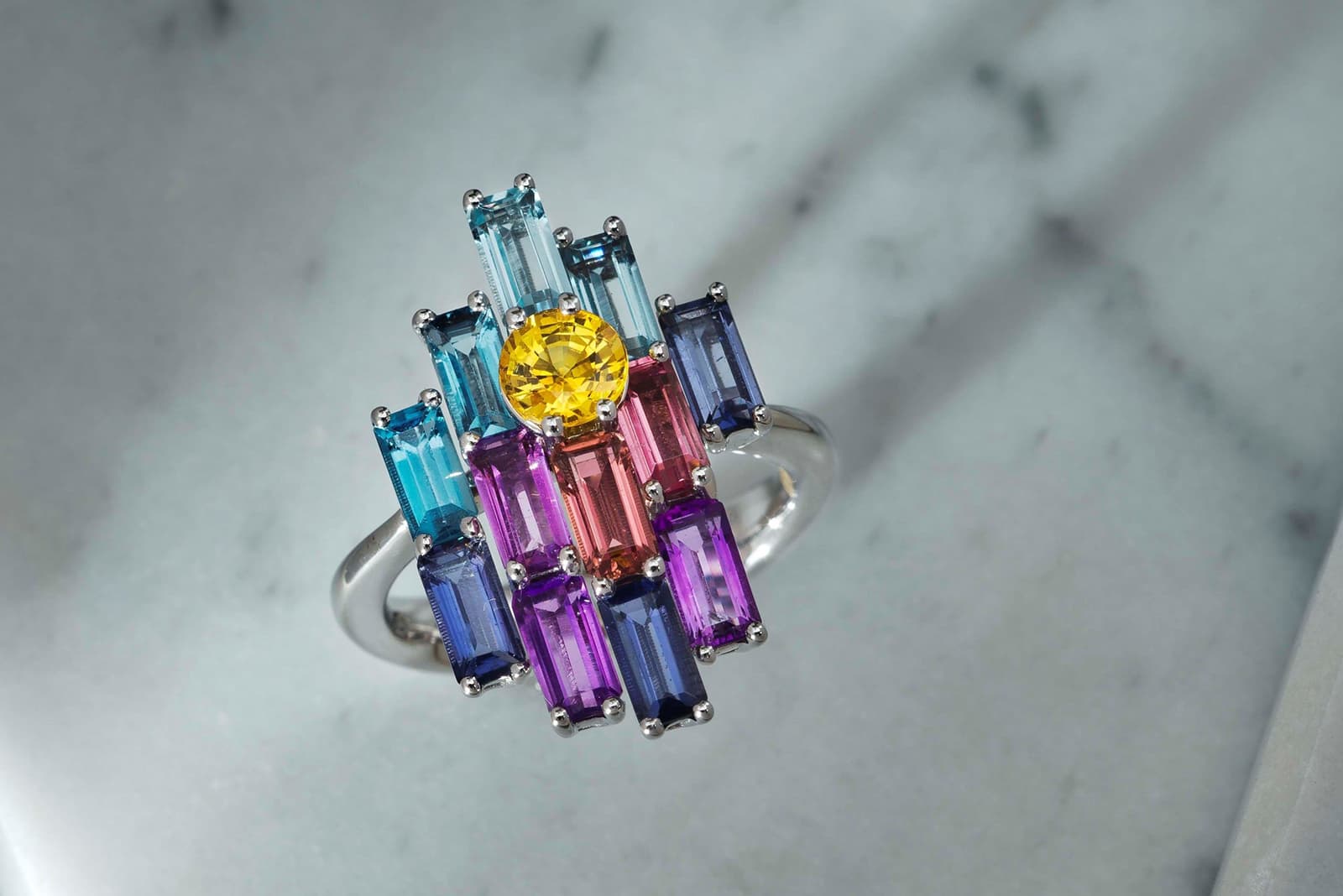 Daou 'Sunset Bright' ring with yellow sapphire, amethysts, rubellites, iolite and blue topaz in white gold
