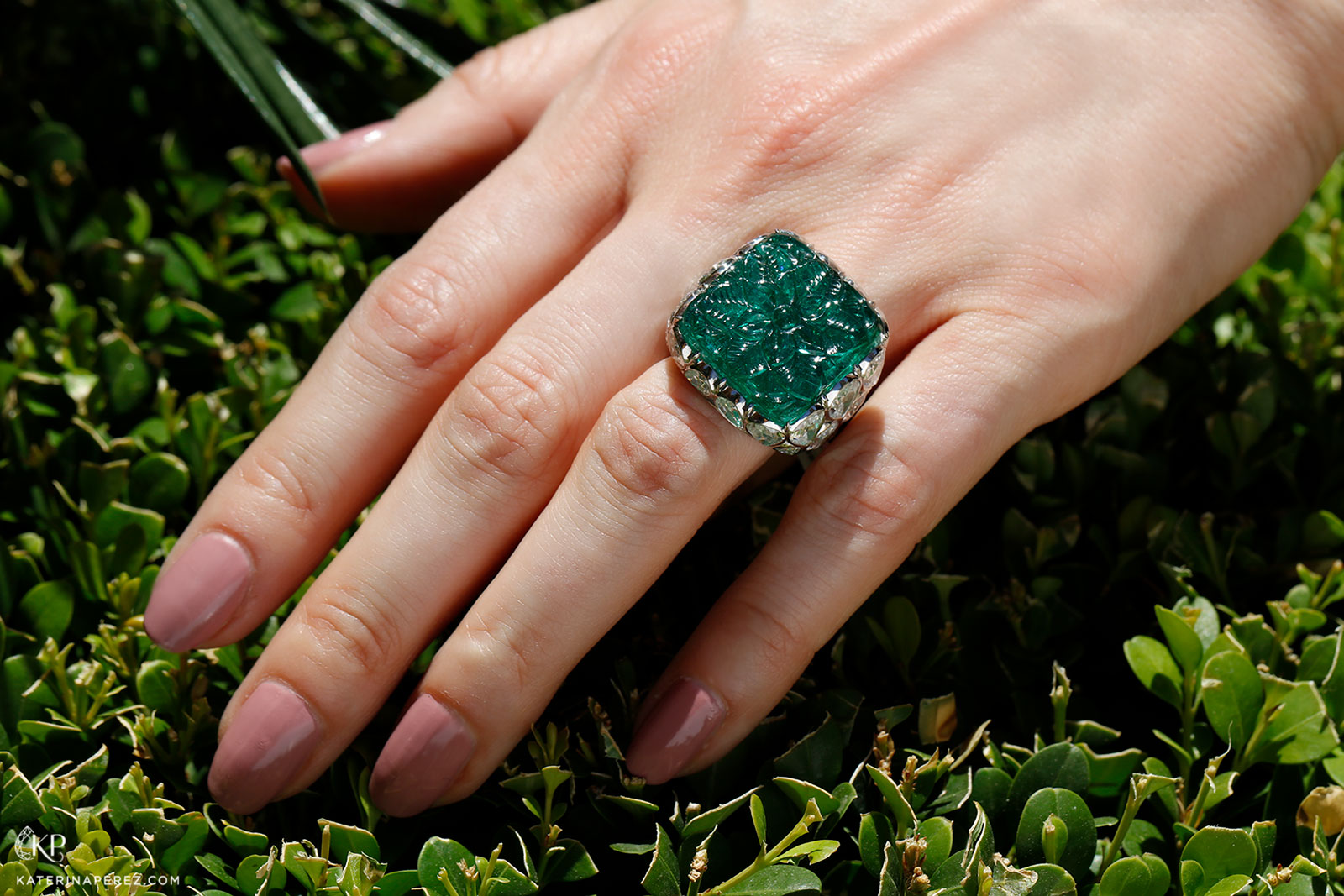 Bayco ring with carved Zambian emerald and diamonds
