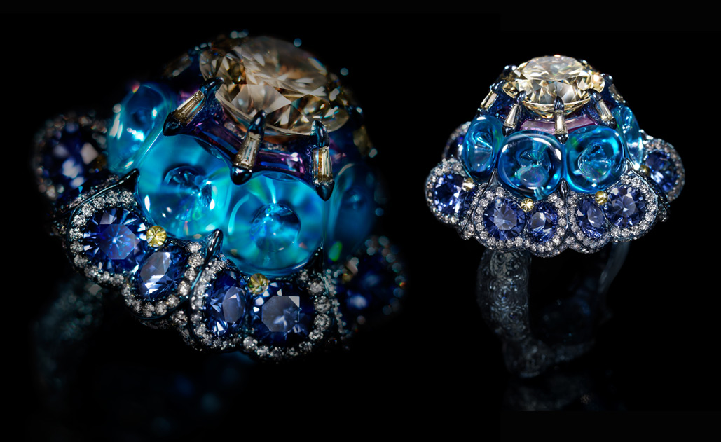 Ring Moonlit Waltz with yellow diamond, blue topaz and sapphires created by Wallace Chan in 2015