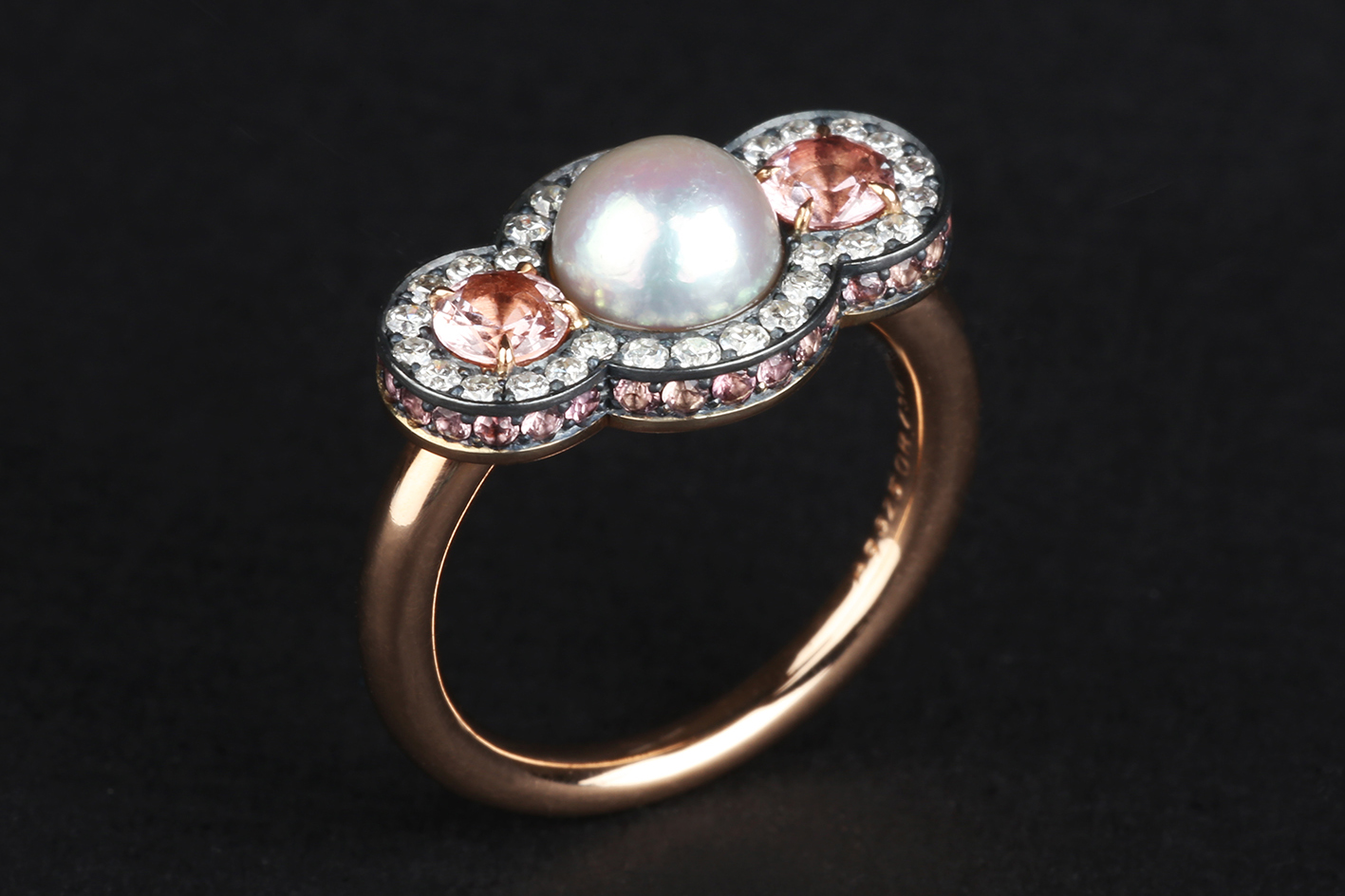 Nadia Morganthaler natural white pearl, spinel, pink sapphire and diamond ring