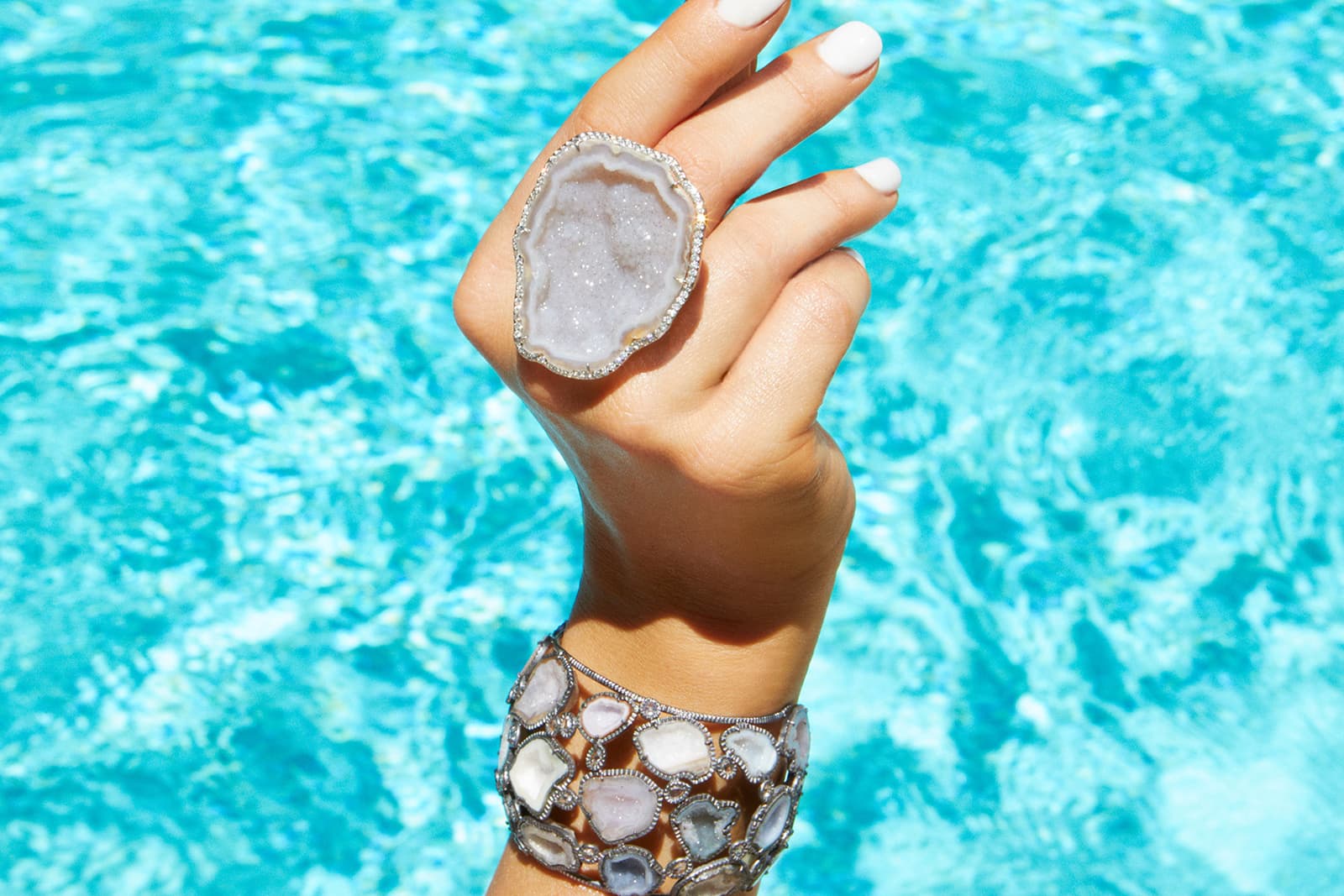 Kimberly McDonald geode ring and bracelet. The NYC-based designer believes that stones evoke or amplify different moods, geodes in particular, which “just seem happy”