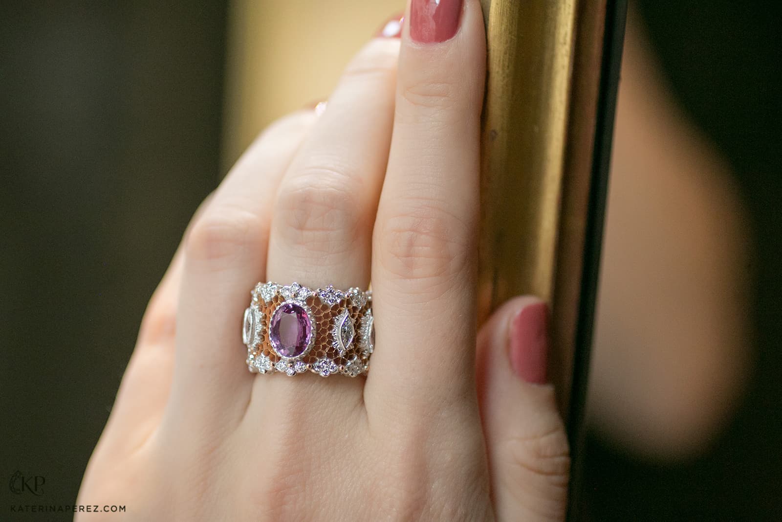 Buccellati honeycomb high jewellery pink sapphire and diamond ring