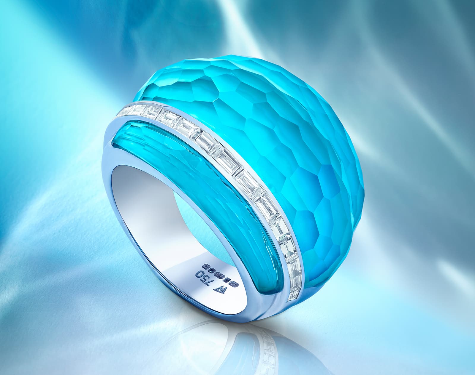 Stephen Webster CH2 cocktail ring with turquoise and quartz Crystal Haze and baguette cut diamonds in 18 carat white gold