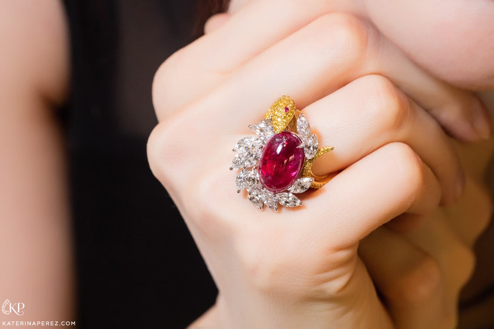 Faidee cabochon Burmese ruby and diamond ring