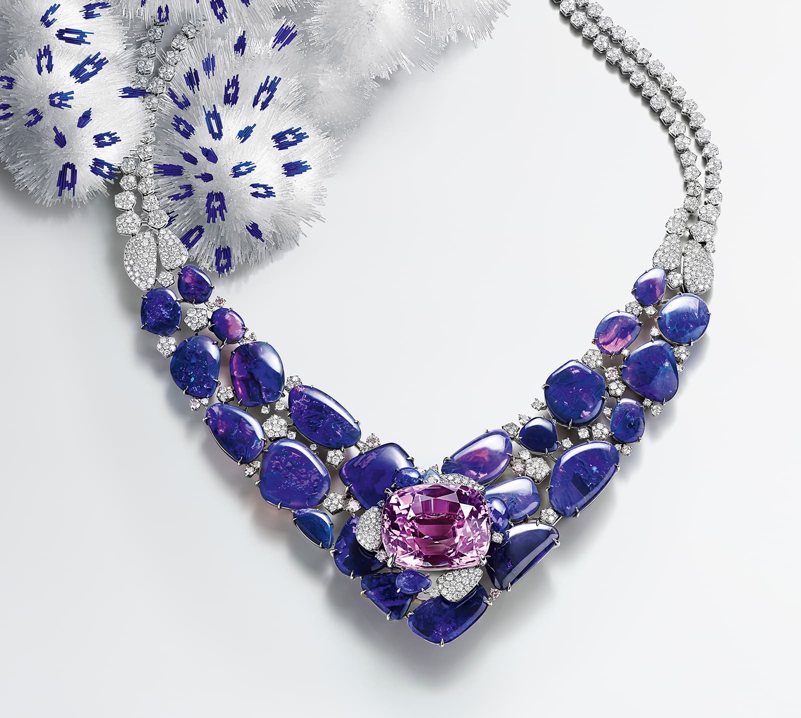 Cartier SUR[NATUREL] high jewellery necklace, set with a 71.80 carat kunzite, black opals and diamonds