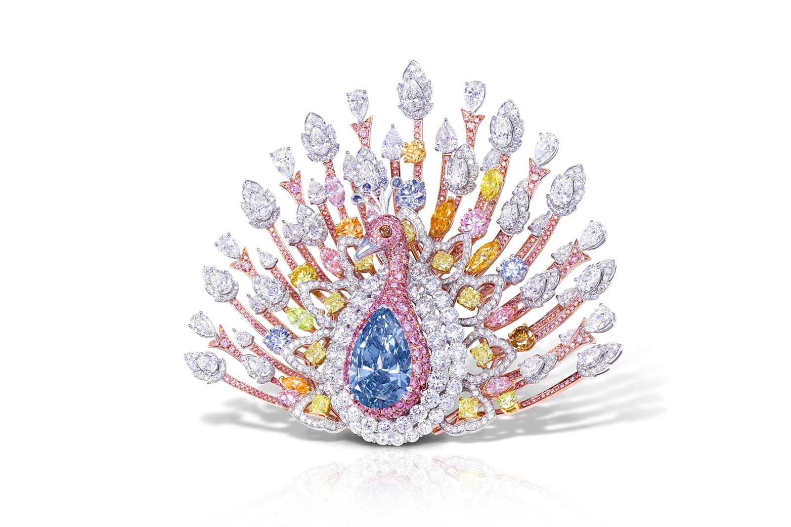 Valued at US$100 million, the array of rare coloured diamonds in Graff’s Peacock brooch include a 20.02 carat Fancy Deep Blue pear shape diamond