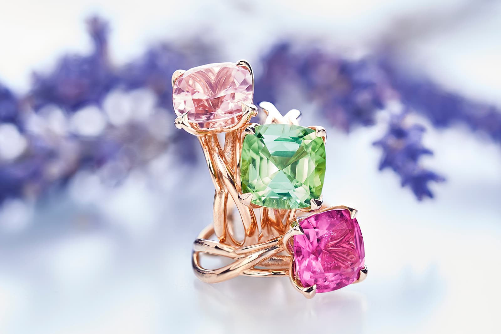 Leyser morganite, green tourmaline and pink sapphire French Kiss rings in 18 carat rose gold