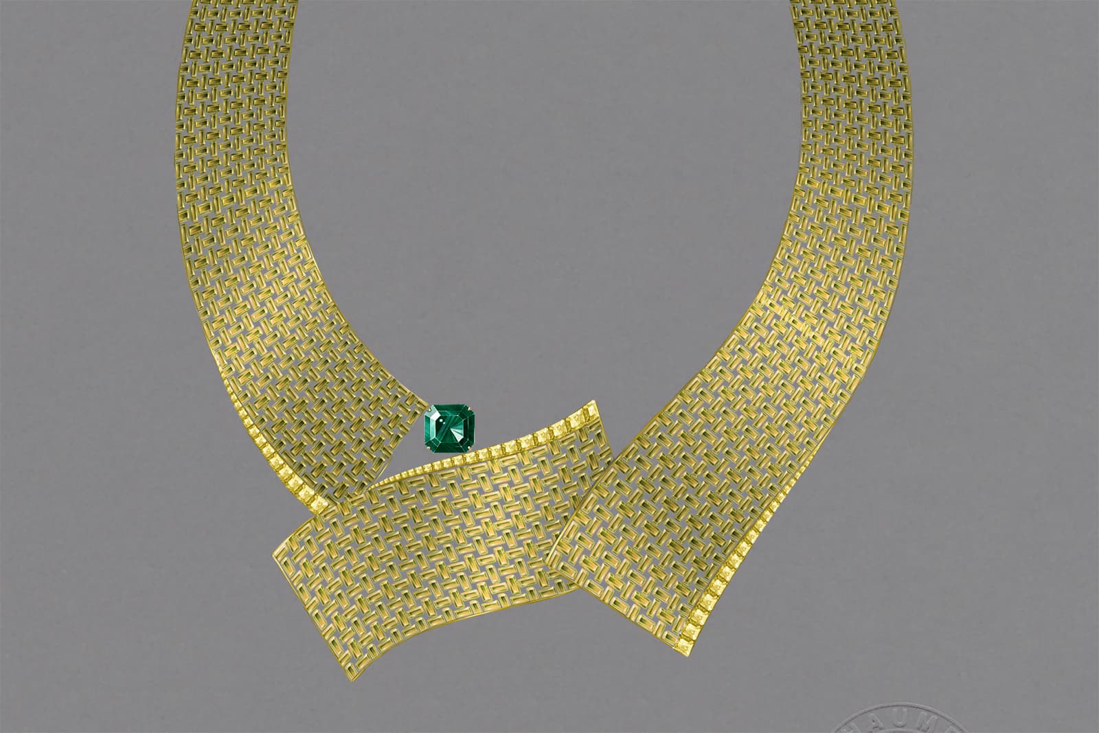 A gouache of the Undulation necklace in yellow gold, set with an off-centre 30.22 carat cushion-cut indicolite tourmaline