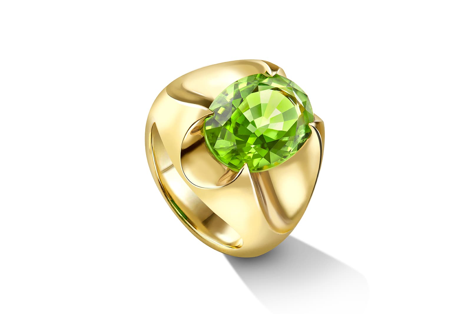 Liv Luttrell collaborated with the progressive peridot miner on this unique ring, which is set with a 3.94 carat oval-shape Fuli Gemstones peridot  