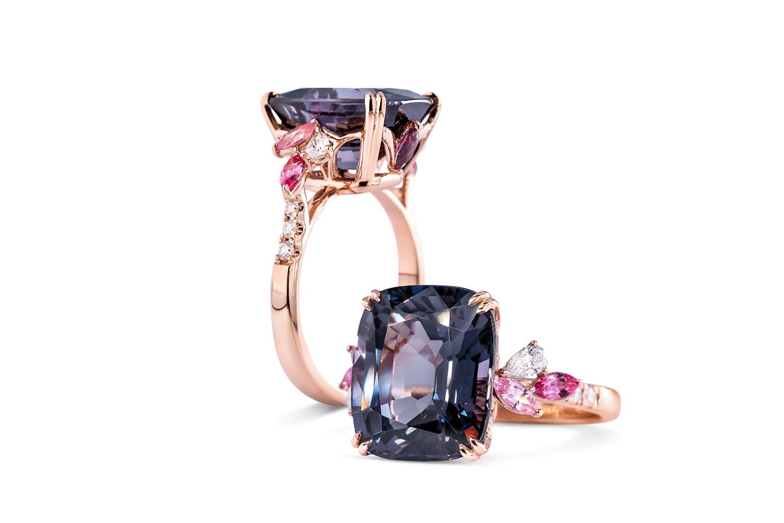 Кольцо Madly с серой шпинелью 8ct, ярко-розовыми шпинелями и бриллиантами огранки "маркиз"