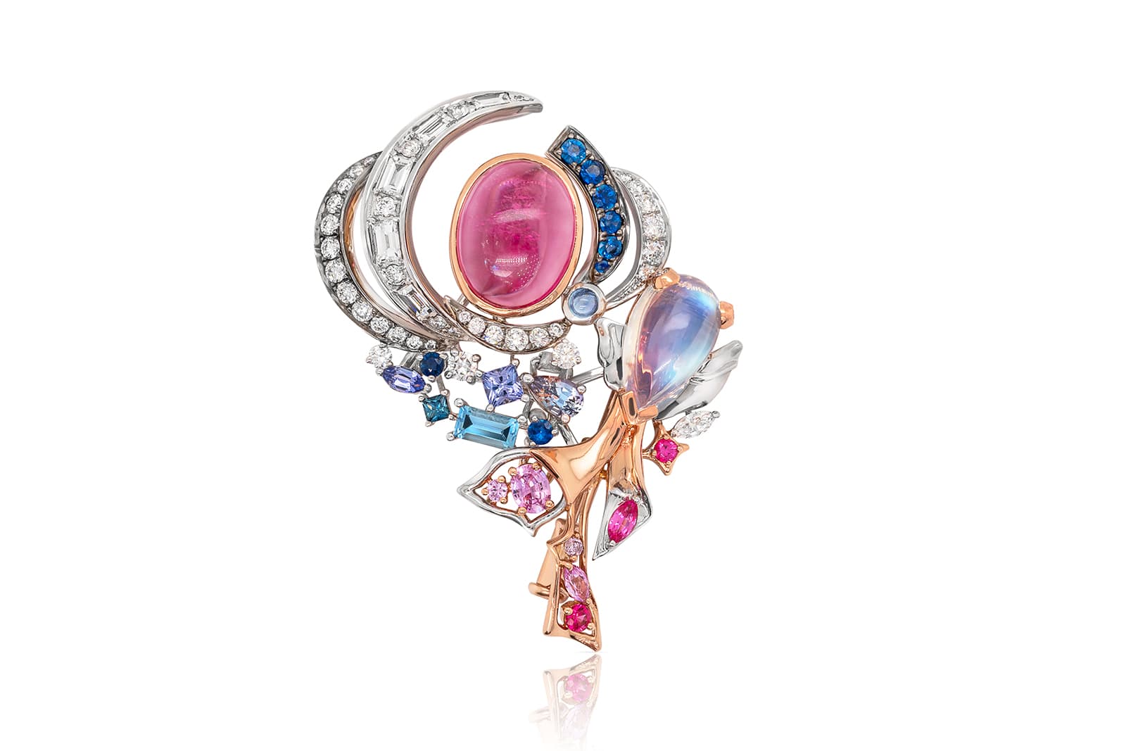 One of Madly’s most recent bespoke creations: an extraordinary brooch set with tourmalines, moonstones, diamonds, sapphires and spinels that can be worn in 11 different ways