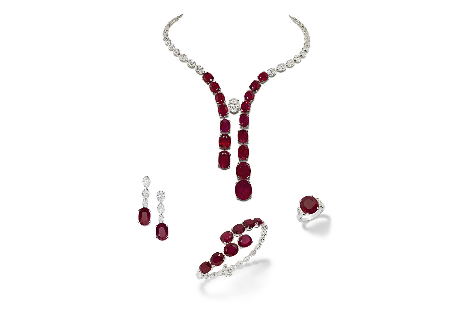 This one-of-a-kind set by Jahan is a masterpiece that contrasts the rich beauty of rubies with the purity of classic white diamonds