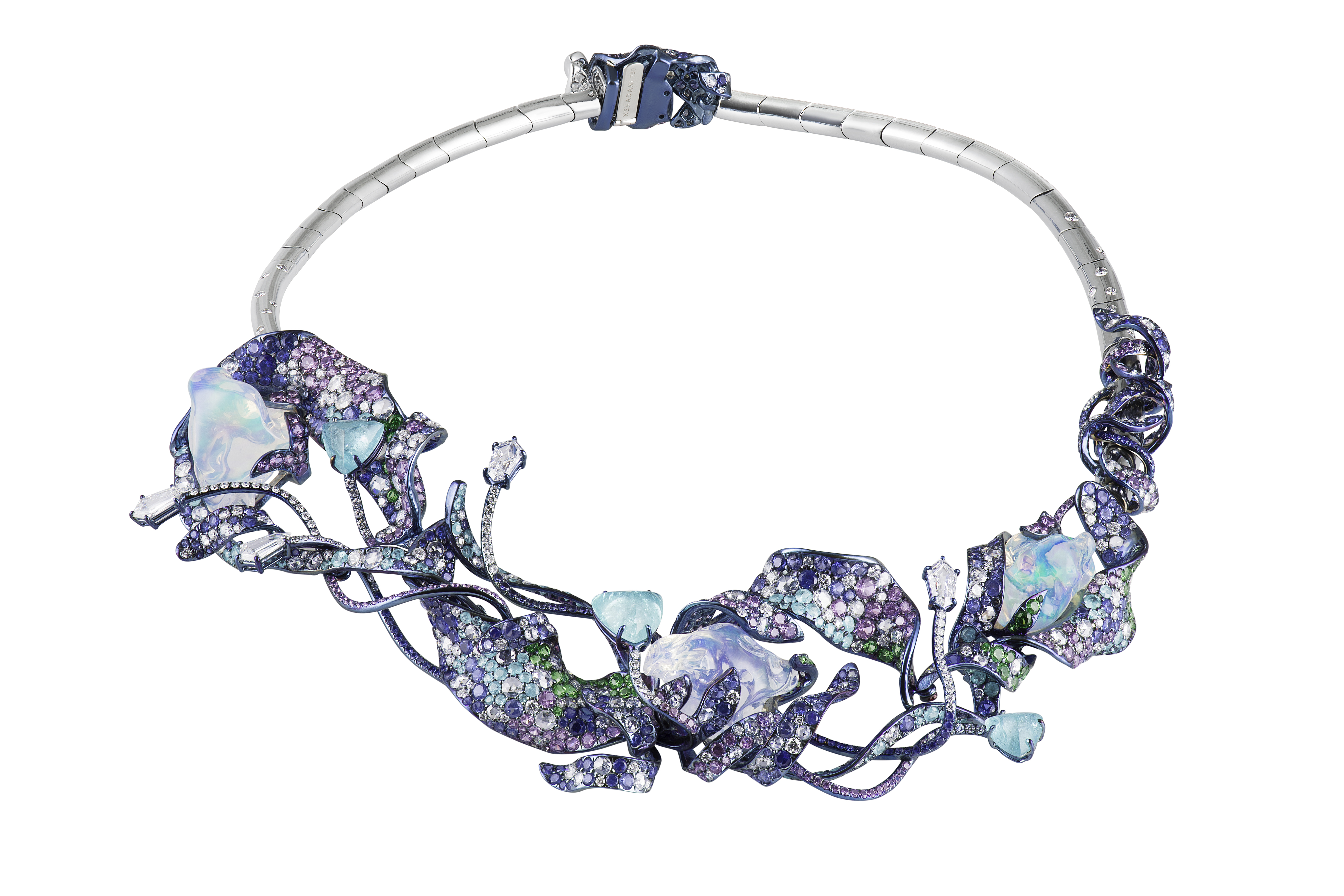 Neha Dani Shristi collection Vaneesha necklace with water opals, diamonds, Paraiba tourmalines, blue and purple sapphires and tsavorite garnets in titanium