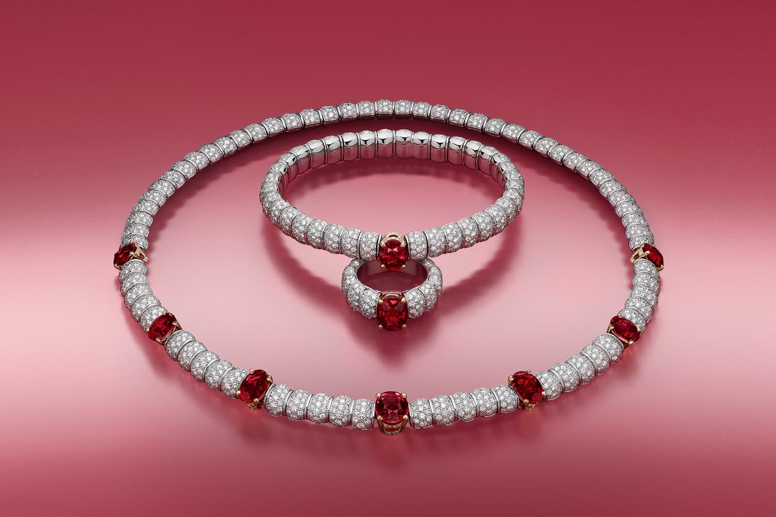 Louis Vuitton Stellar Times Astre Rouge ruby and diamond high jewellery necklace, bracelet and ring
