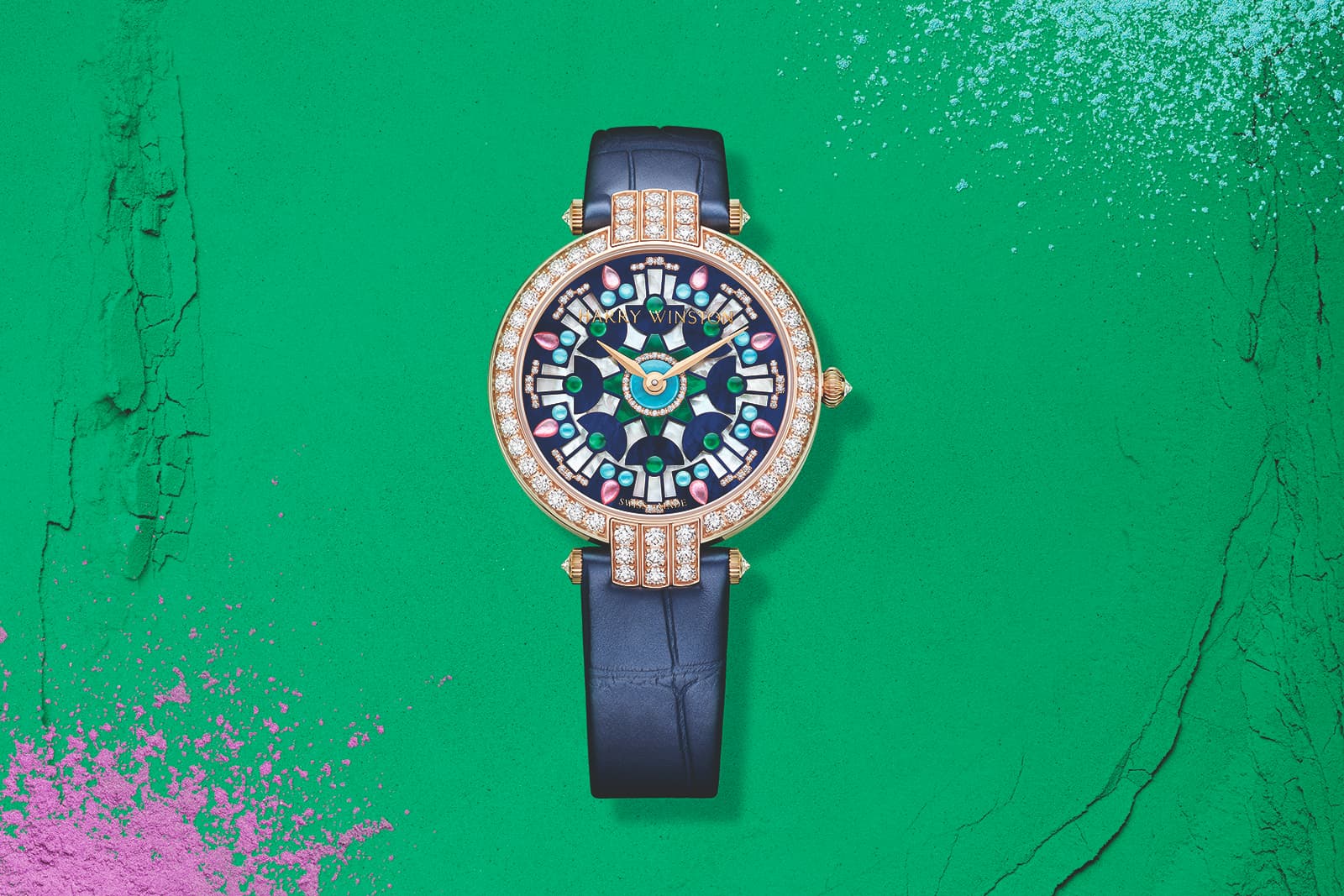 Harry Winston Premier Kaleidoscope automatic watch, decorated with white, pink, blue and green mother-of-pearl upon the dial 