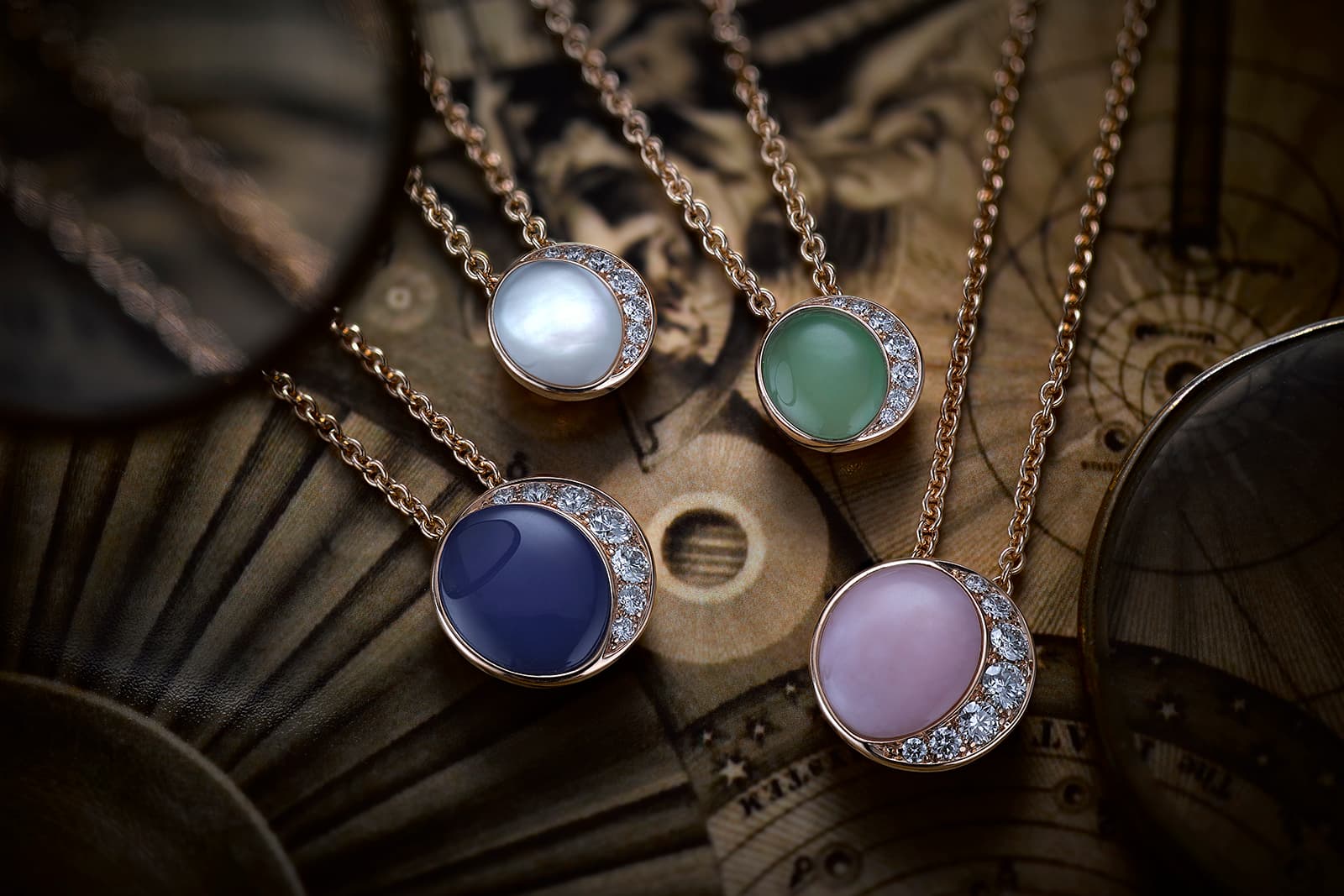David Morris Fortuna pendants in two sizes with mother of pearl, chrysoprase, blue agate and pink opal