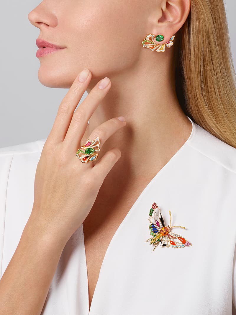 Éclosion de Chaumet earrings, ring and brooch with multi-coloured gemstones 