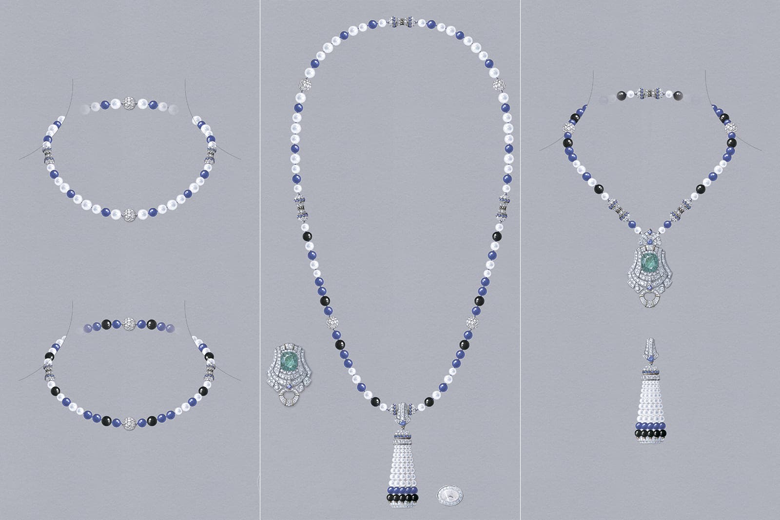 Drawings that demonstrate the transformations of the Van Cleef & Arpels Pompon Leila long necklace with sapphires, black spinels, onyx and lapis lazuli