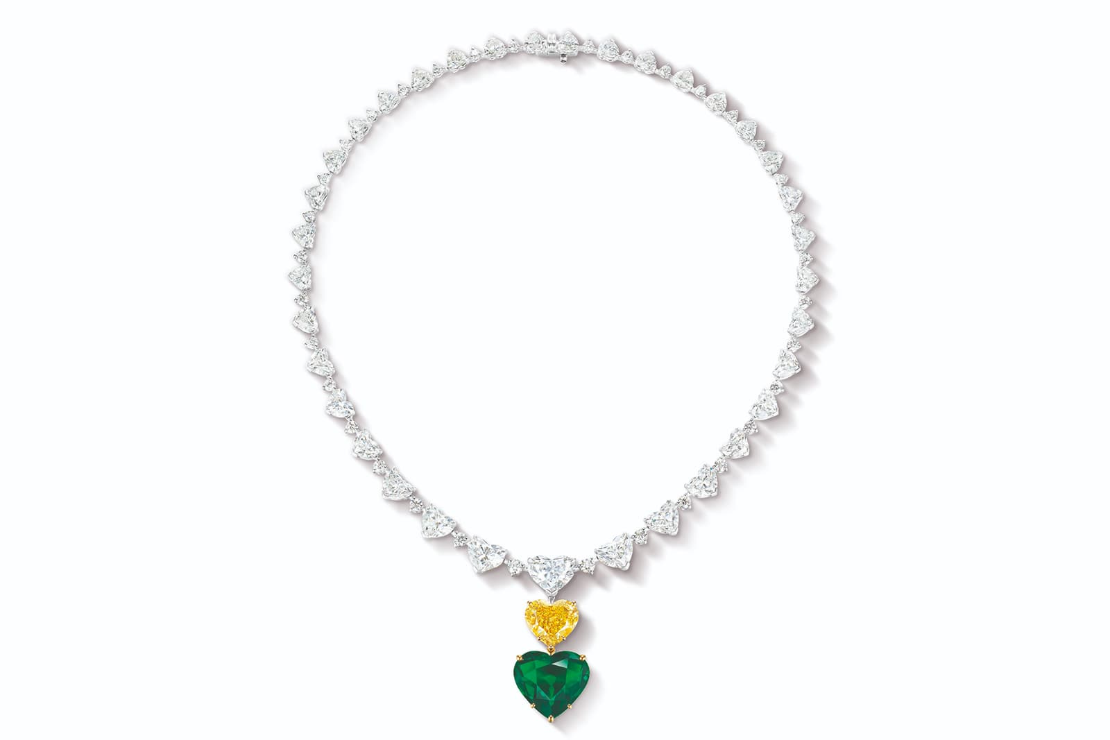 Ronald Abram heart-shape diamond necklace with a 6.34 carat heart-shaped fancy vivid yellow diamond and a 10.88 carat heart-shaped Colombian emerald