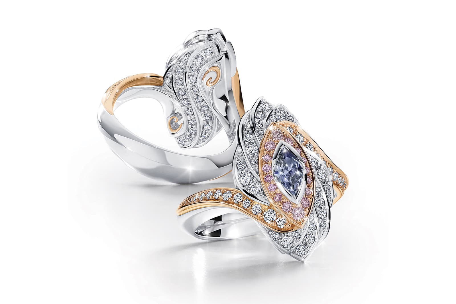 Calleija Couture collection Rayne ring with an Argyle blue marquise diamond, Argyle pink diamonds and colourless diamonds in platinum and rose gold