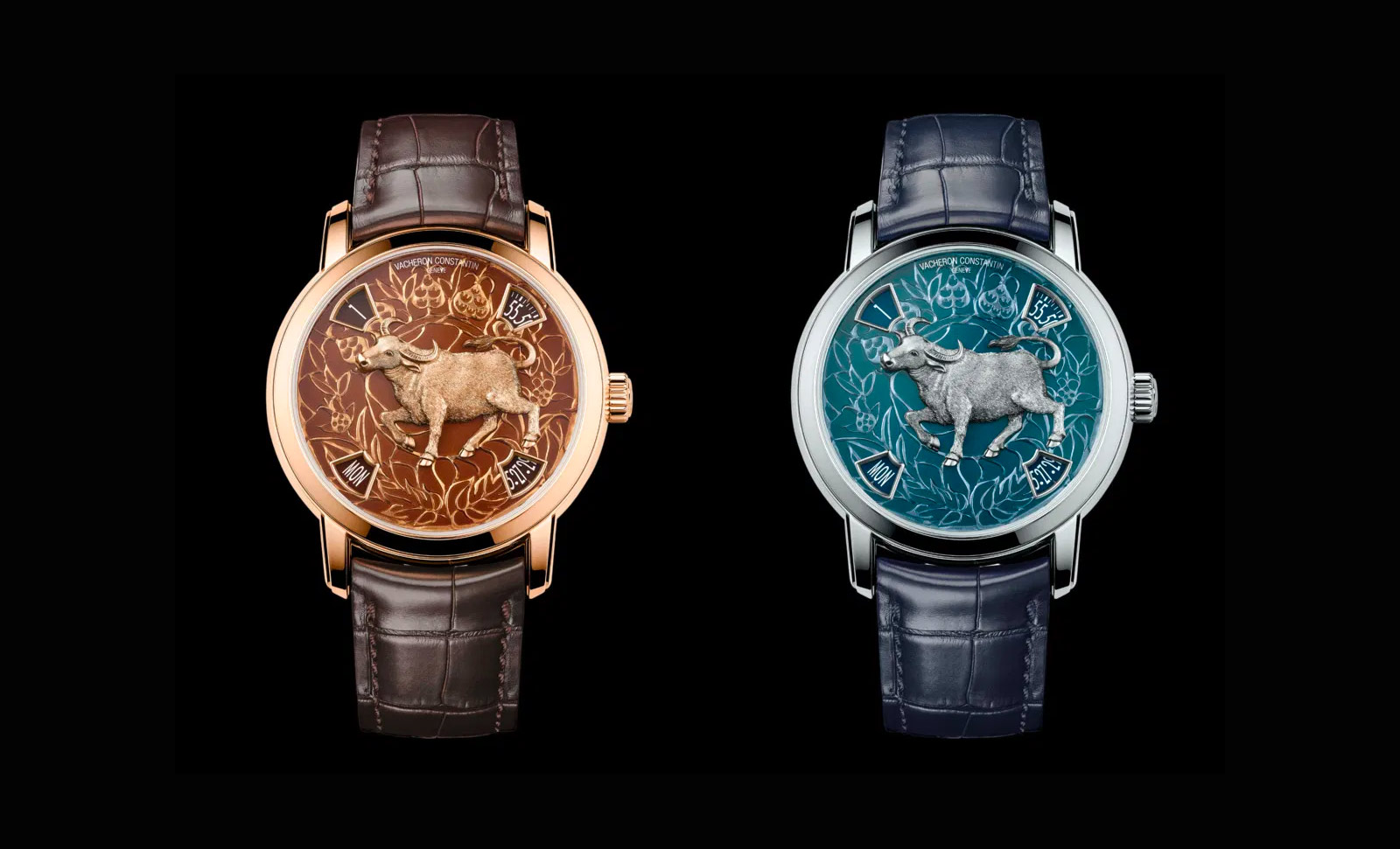 The Vacheron Constantin Métiers d'Art The Legend of the Chinese Zodiac – Year of the Ox timepiece is offered in two distinctive colour palettes