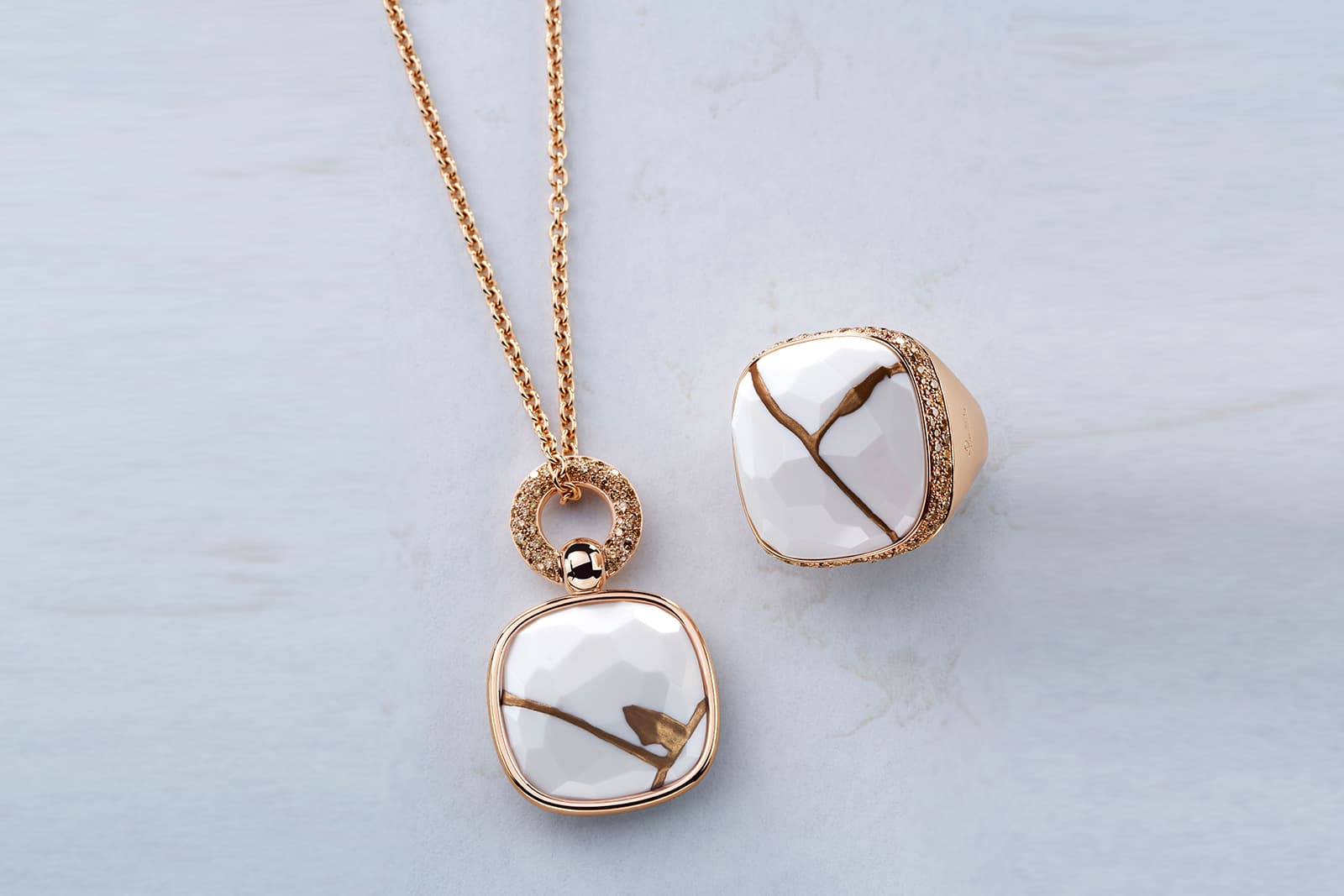 Pomellato Kintsugi Collection ring and pendant in rose gold with kogolong and brown diamonds