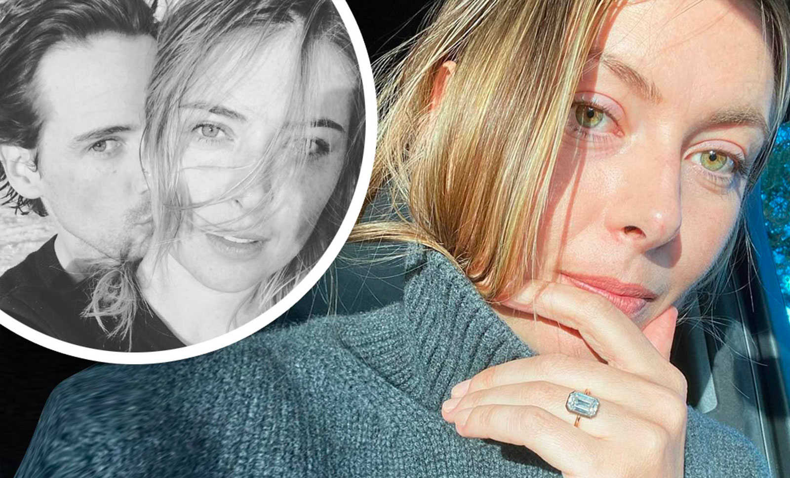 Russian tennis star Maria Sharapova wears a Jessica McCormack rub-over emerald-cut diamond engagement ring in yellow gold