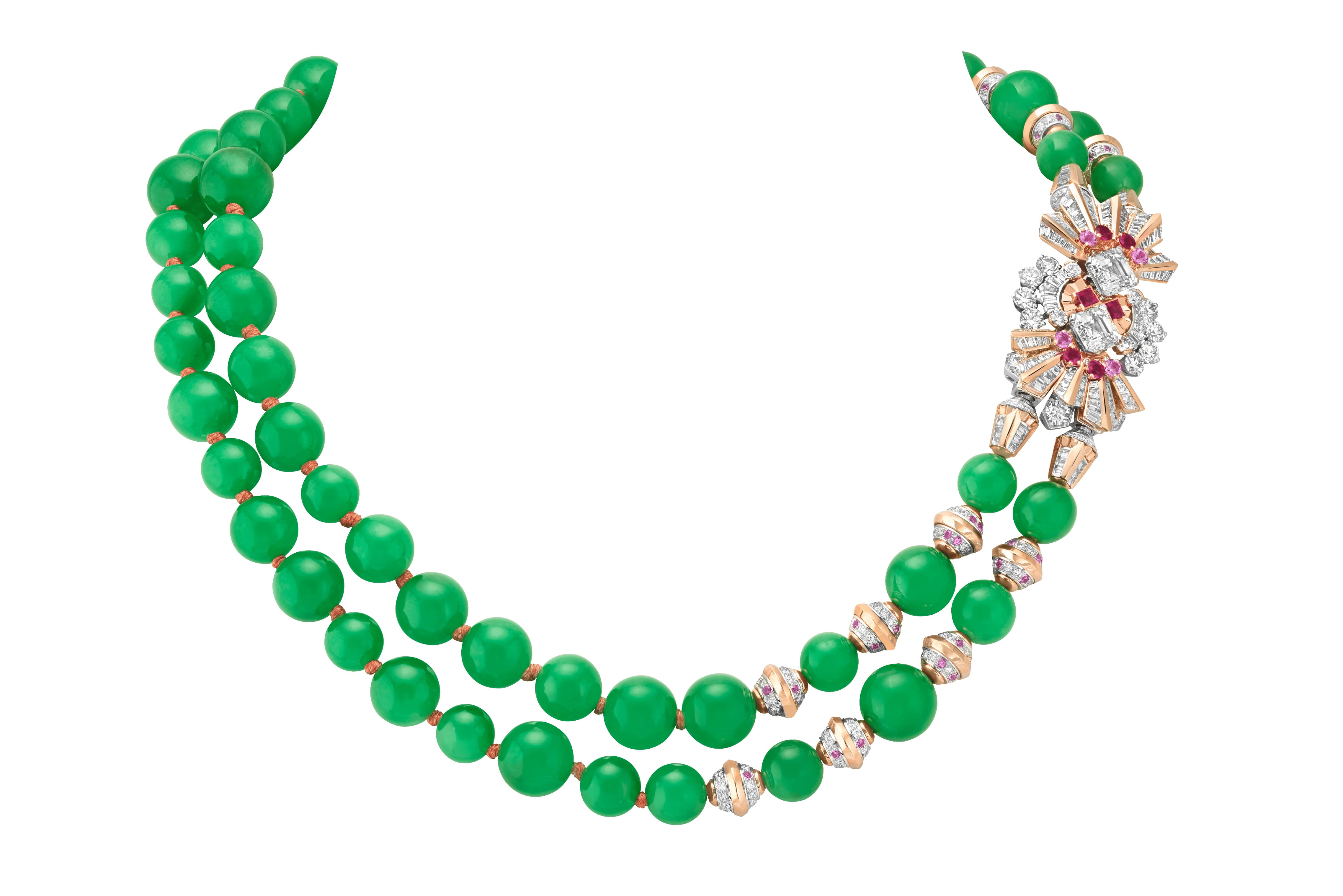 Van Cleef & Arpels Étoile Binaire transformable necklace with 63 jade beads, two asscher cut diamonds, pink sapphires, rubies and further diamonds