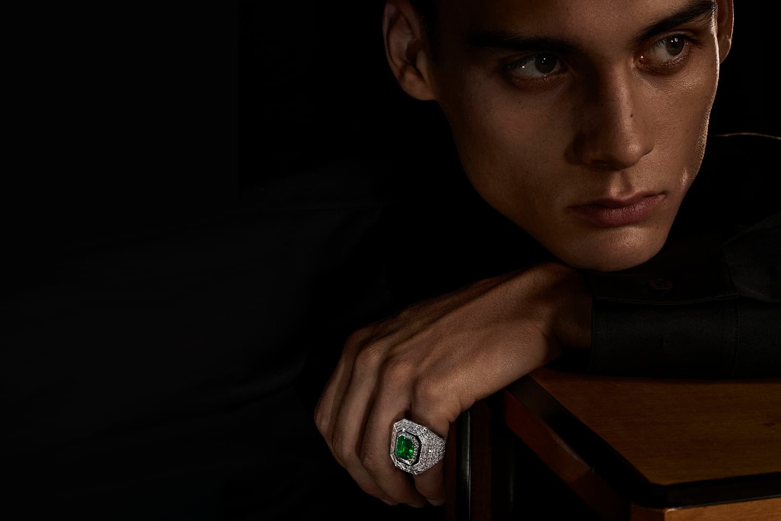 Boucheron Chevalière Émeraude signet ring with a 4.43 carat Muzo emerald, round and baguette-cut diamonds, rock crystal and black lacquer from the ‘A History of Style, Art Déco’ High Jewellery collection