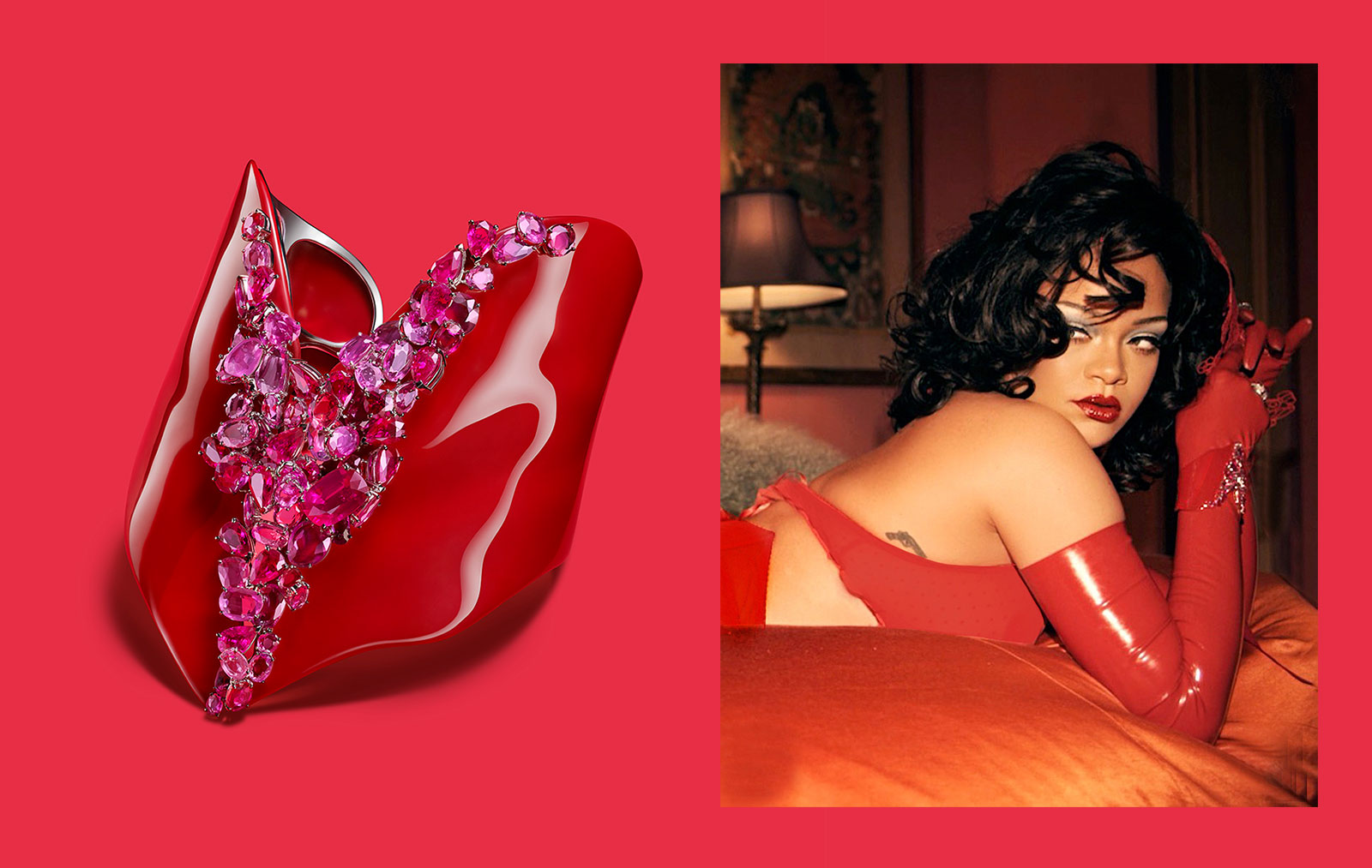 Feng J Le Galerie Coeur Rouge cuff with rubies, red spinels and lacquer worn by Rihanna as part of the FENTY Valentine's Day campaign