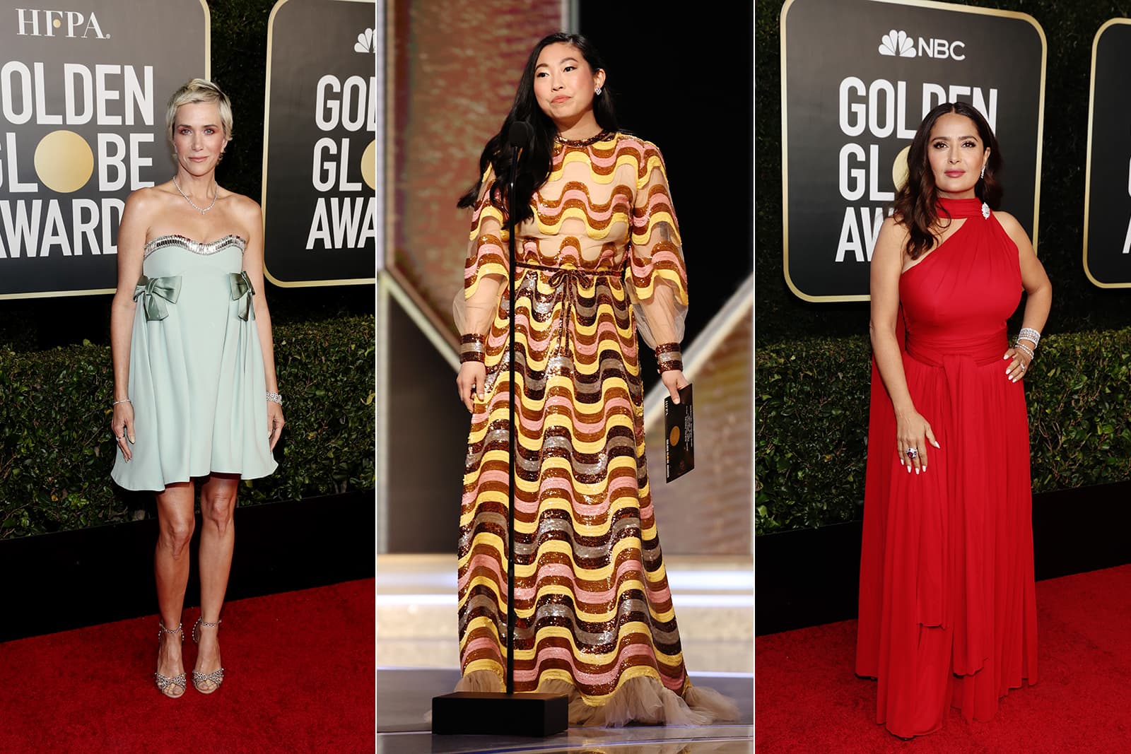 As seen at the Golden Globe Awards 2021: Kristen Wiig wears a Harry Winston diamond necklace of 19.95 carats and a Winston Cluster diamond bracelet of 29.88 carats; Awkwafina wears Diamond Loop earrings with pink sapphires and a Traffic Diamond ring, all by Harry Winston; and Salma Hayek wears the Harry Winston Ultimate Emerald Signature timepiece on the scarf neckline of her gown