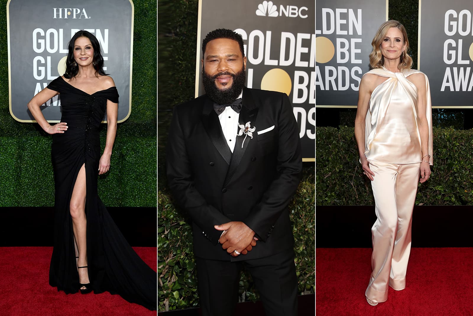 As seen at the Golden Globe Awards 2021: Catherine Zeta-Jones in Chopard earrings and a 5.73 carat diamond ring from the Ice Cube Capsule by Marion Cotillard Collection; Anthony Anderson in a Chopard Haute Joaillerie floral brooch with a 19.83 carat brown diamond; and Kyra Sedgwick in fancy coloured diamond earring and rings, all by Chopard