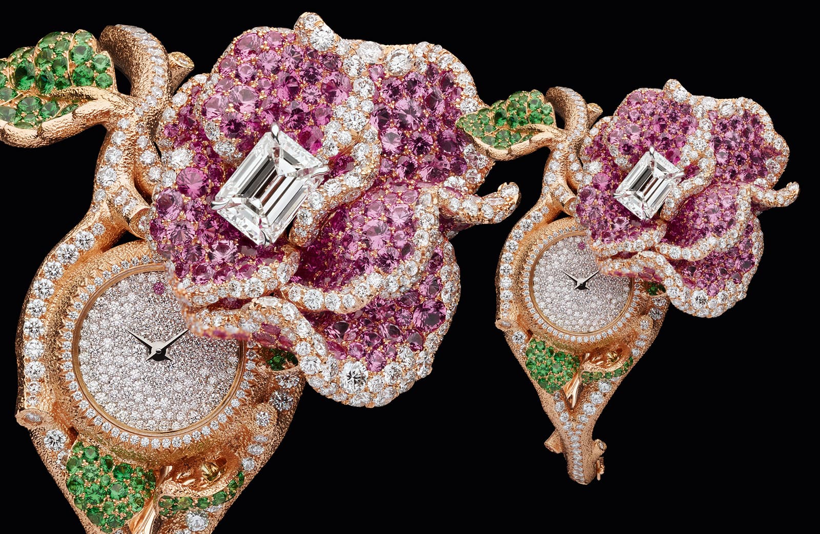 Часы RoseDior High Jewellery из розового и белого золота с бриллиантом изумрудной огранки 2,20 карата, бриллиантами, розовыми сапфирами и гранатами-цаворитами