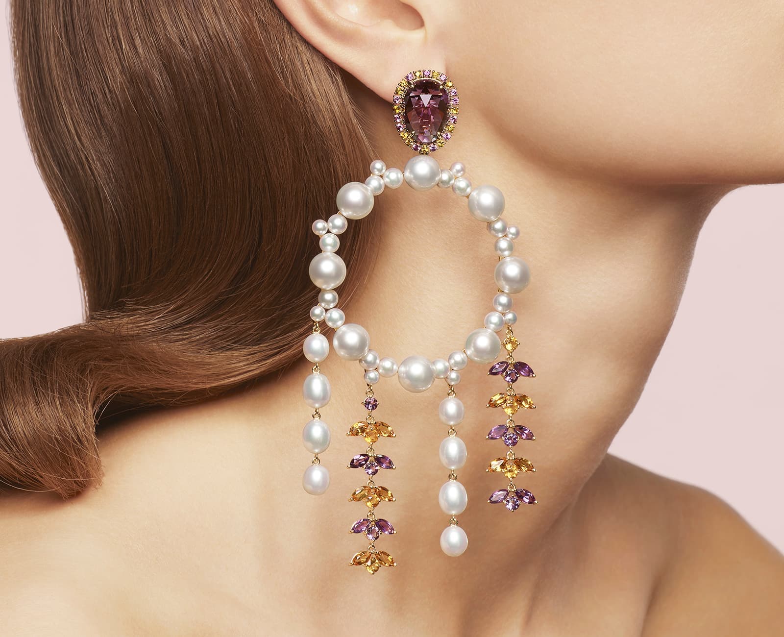 TASAKI Atelier Nightfall earrings with Akoya pearls, South Sea pearls and freshwater pearls with sapphire, amethyst and citrine in yellow gold 