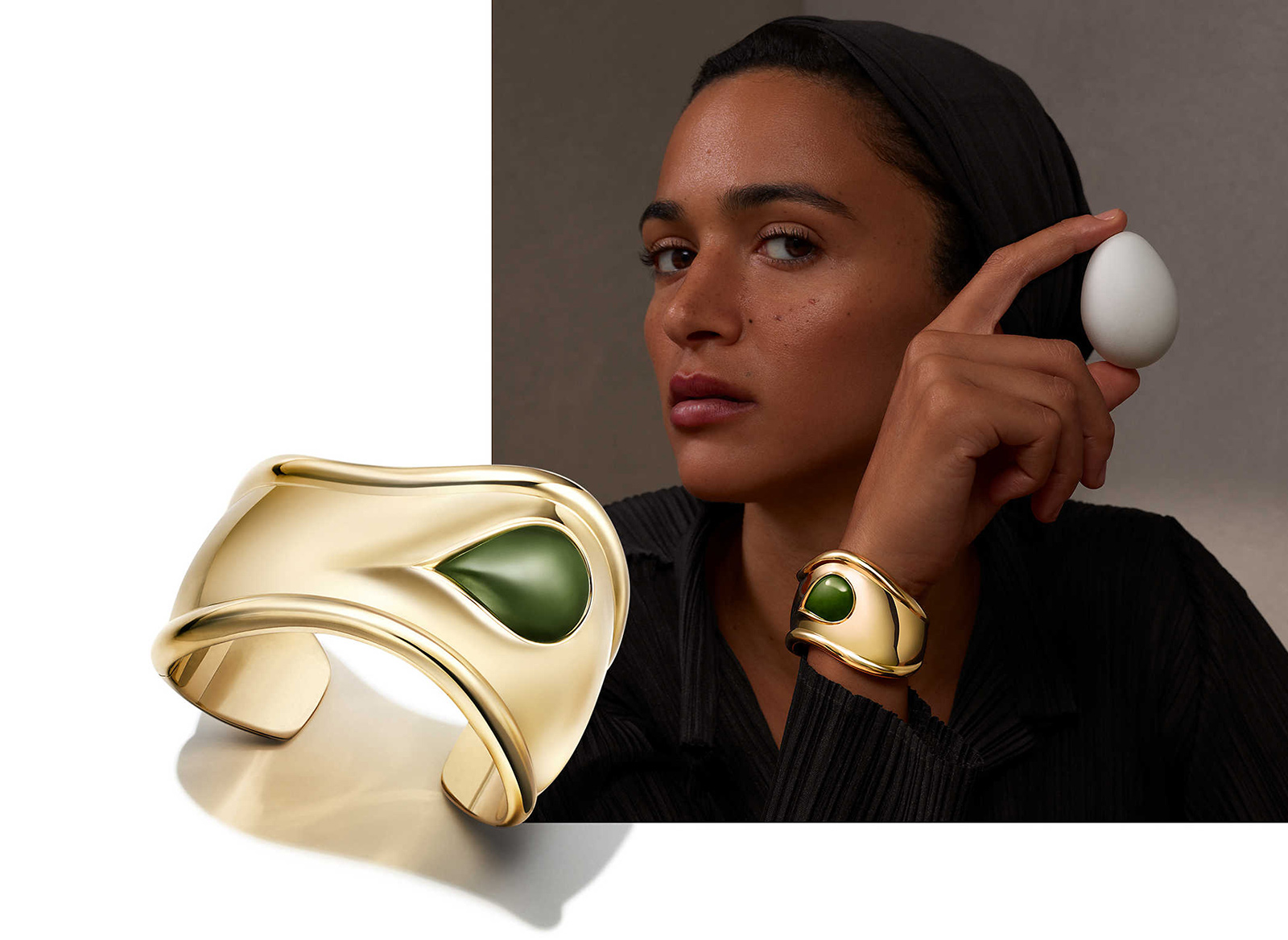 Elsa Peretti Bone Cuff in yellow gold with green jade styled by Kate Young for Tiffany & Co.