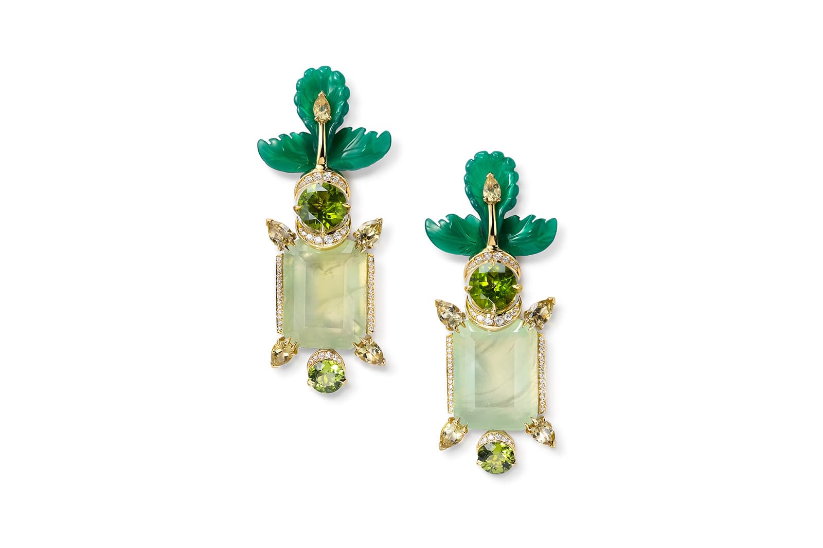 Dreamcatcher Trees earrings by Sabine Roemer set with detachable handcarved green agate leaves, emerald-cut green prehnite, faceted peridots and 0.66cts of white diamonds 