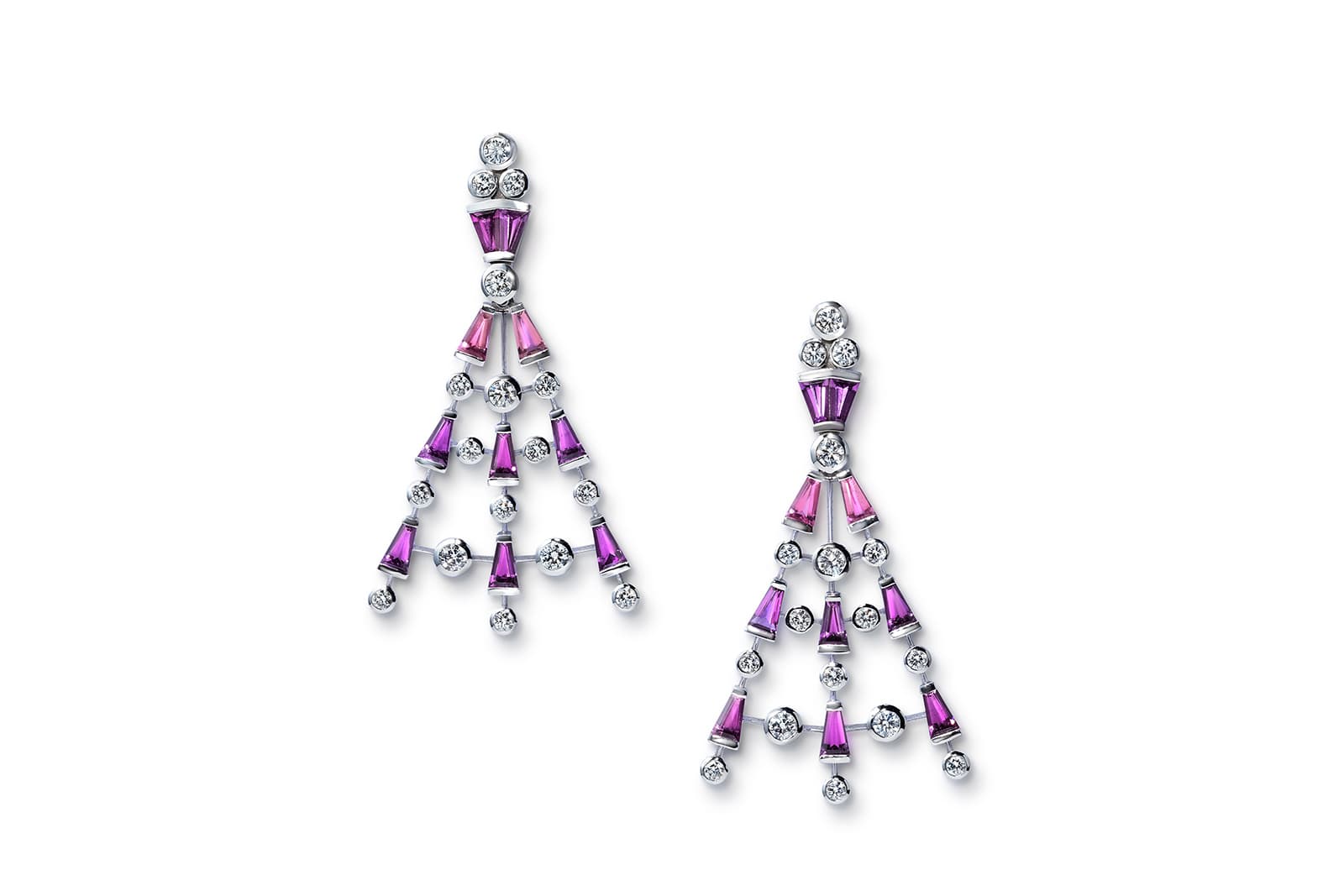 New Beginnings earrings set with tapered pink tourmalines and 0.53 cts of white diamonds by Sabine Roemer