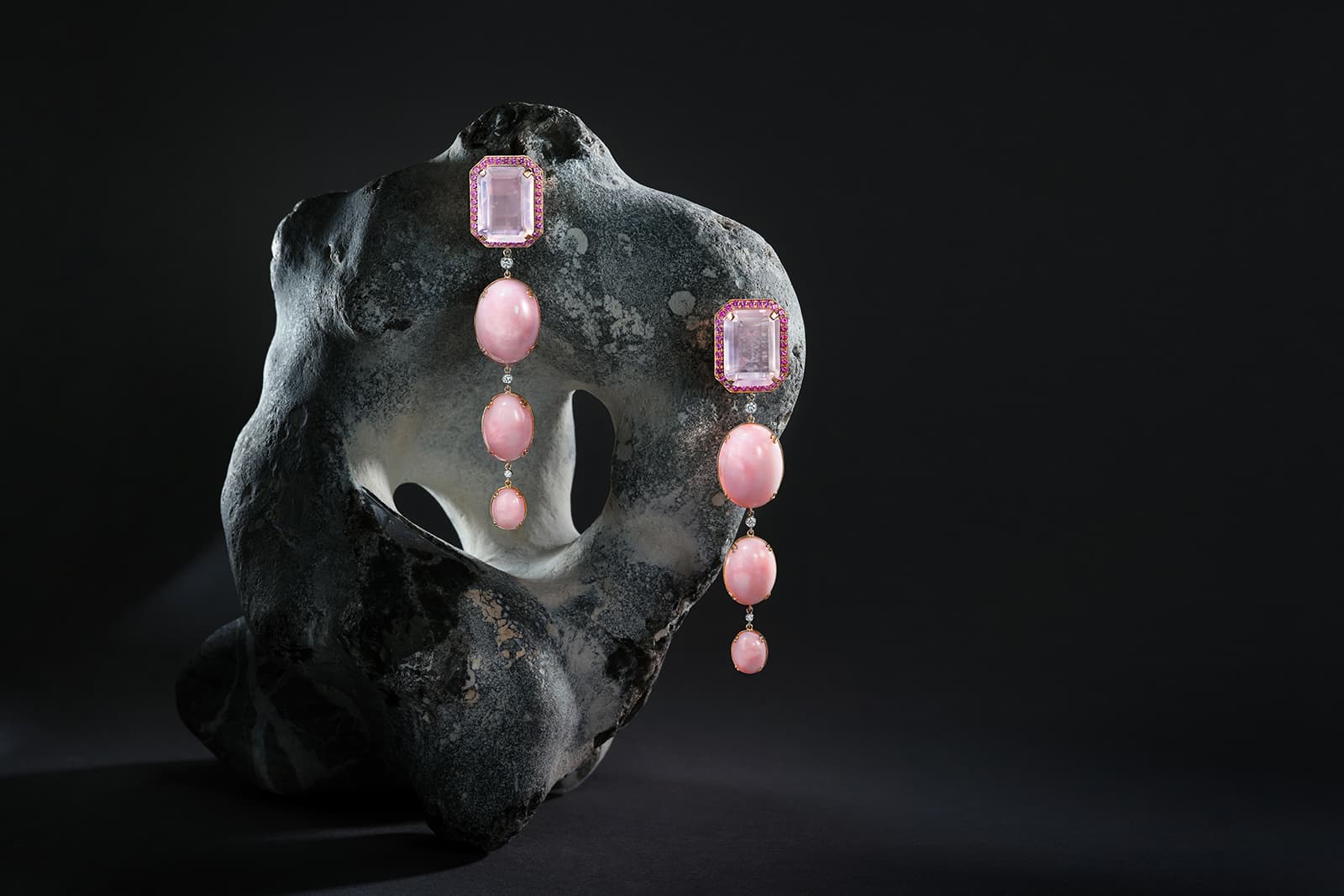 Reflection earrings by Sabine Roemer set with rose quartz, pink opal cabochons, pink sapphires and 0.2cts of white diamonds