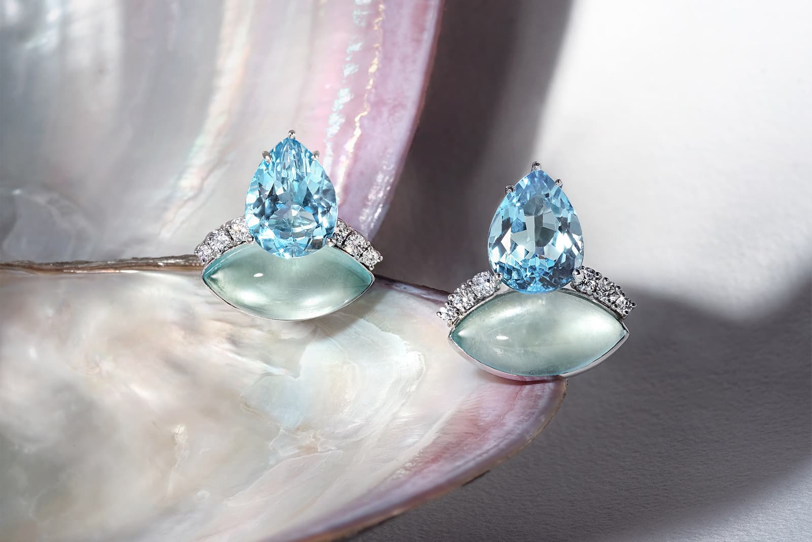 Sail Away With Me earrings with pear-shaped London blue topaz, marquise-shaped aquamarine cabochon and 1.36cts of white diamonds