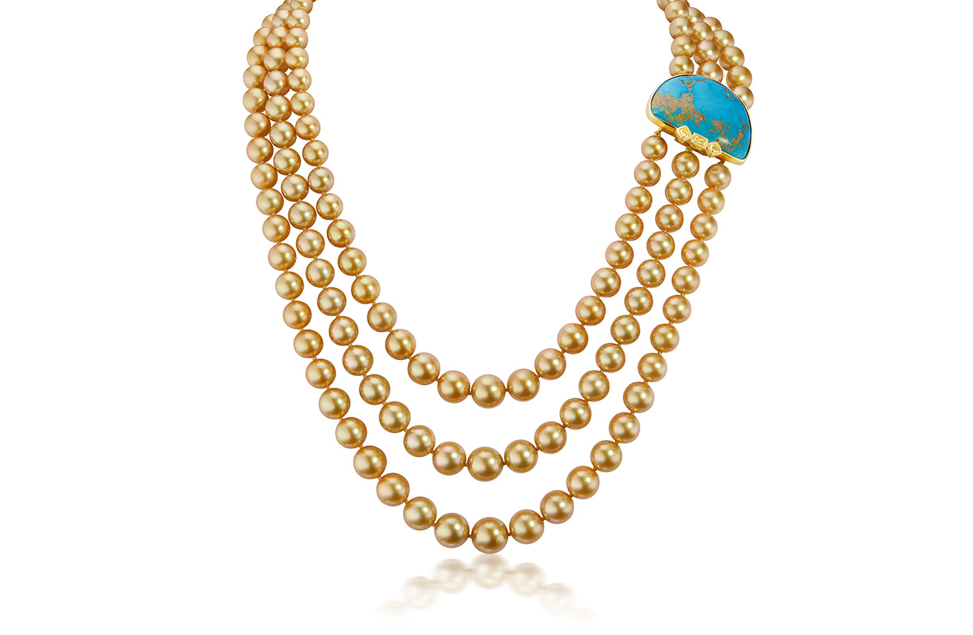 Assael three-strand golden South Sea pearl necklace with a turquoise and gold clasp