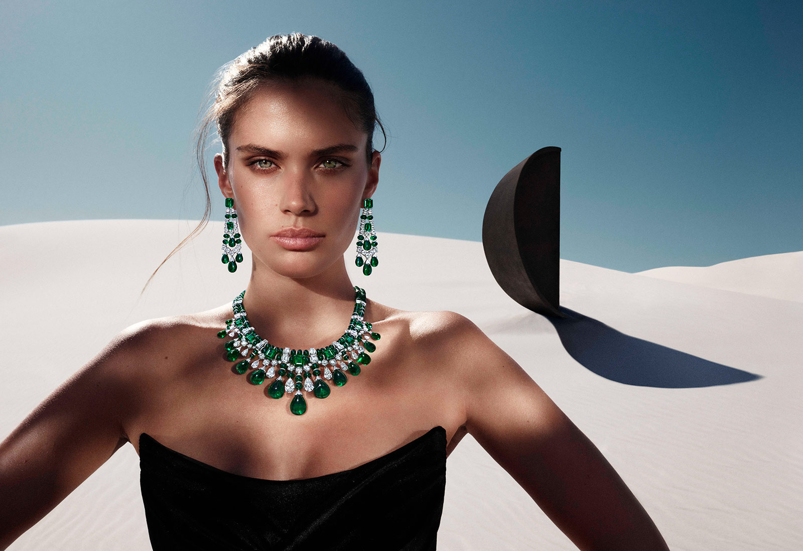 Pieces from the Graff Tribal High Jewellery Collection, including a pair of earrings with 60 carats of emeralds and 9 carats of diamonds and a matching necklace with 418 carats of emeralds and 76 carats of diamonds 