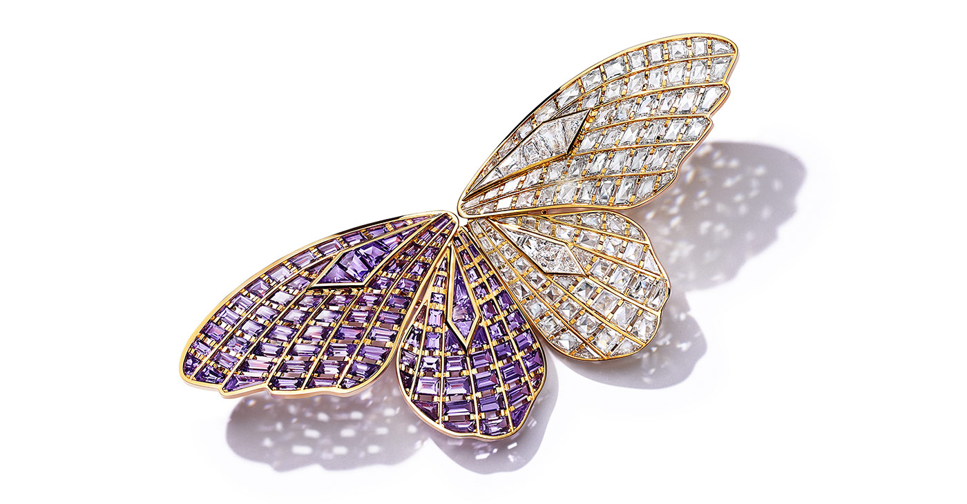 Tiffany & Co. Sky butterfly brooch from the Colors of Nature High Jewellery Collection, crafted in 18k yellow gold with custom-cut purple sapphires of over 8 total carats and cracked-ice and custom-cut baguette diamonds of over 11 total carats