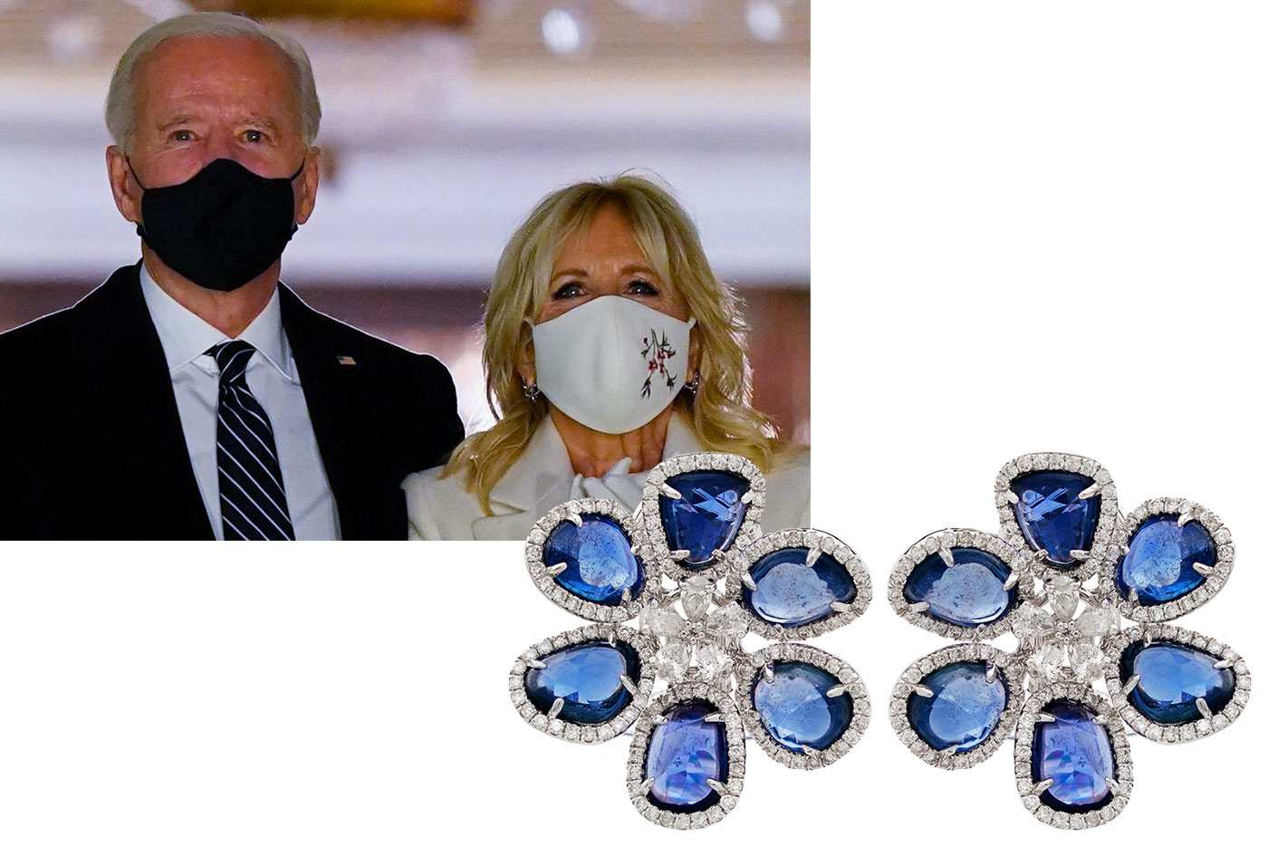 First Lady of the United States, Dr. Jill Biden, wearing the Ruchi New York Desert Bloom Mariposa earrings with 9.08 carats of blue sapphires and 1.56 carats of diamonds to her husband’s Presidential Inauguration in January 2021