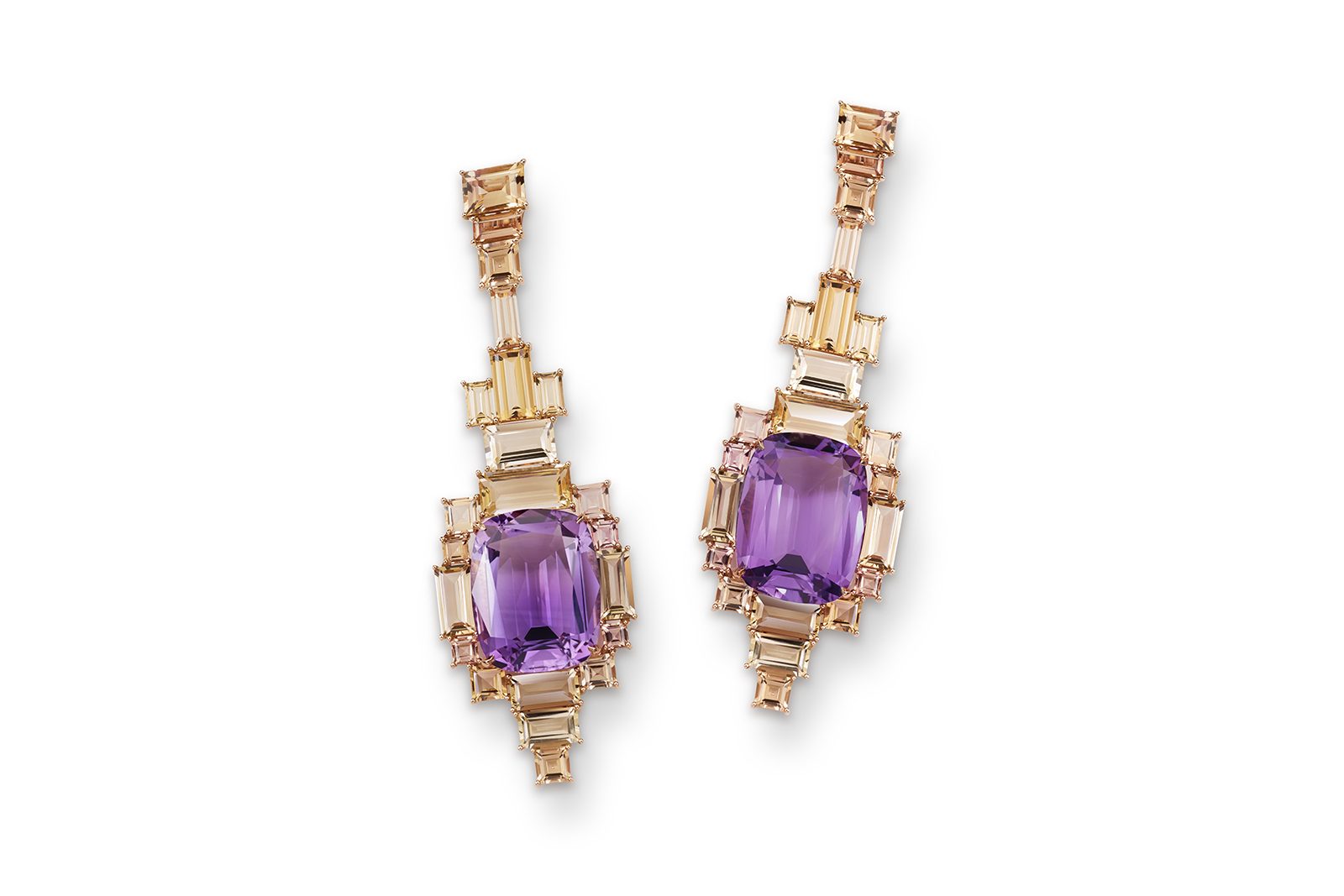 House of Geneva Horloge Fleurie Numéro 7 earrings with natural cushion cut amethysts, both over 14 carats each, and natural topazes totalling 14.09 and 15.12 carats