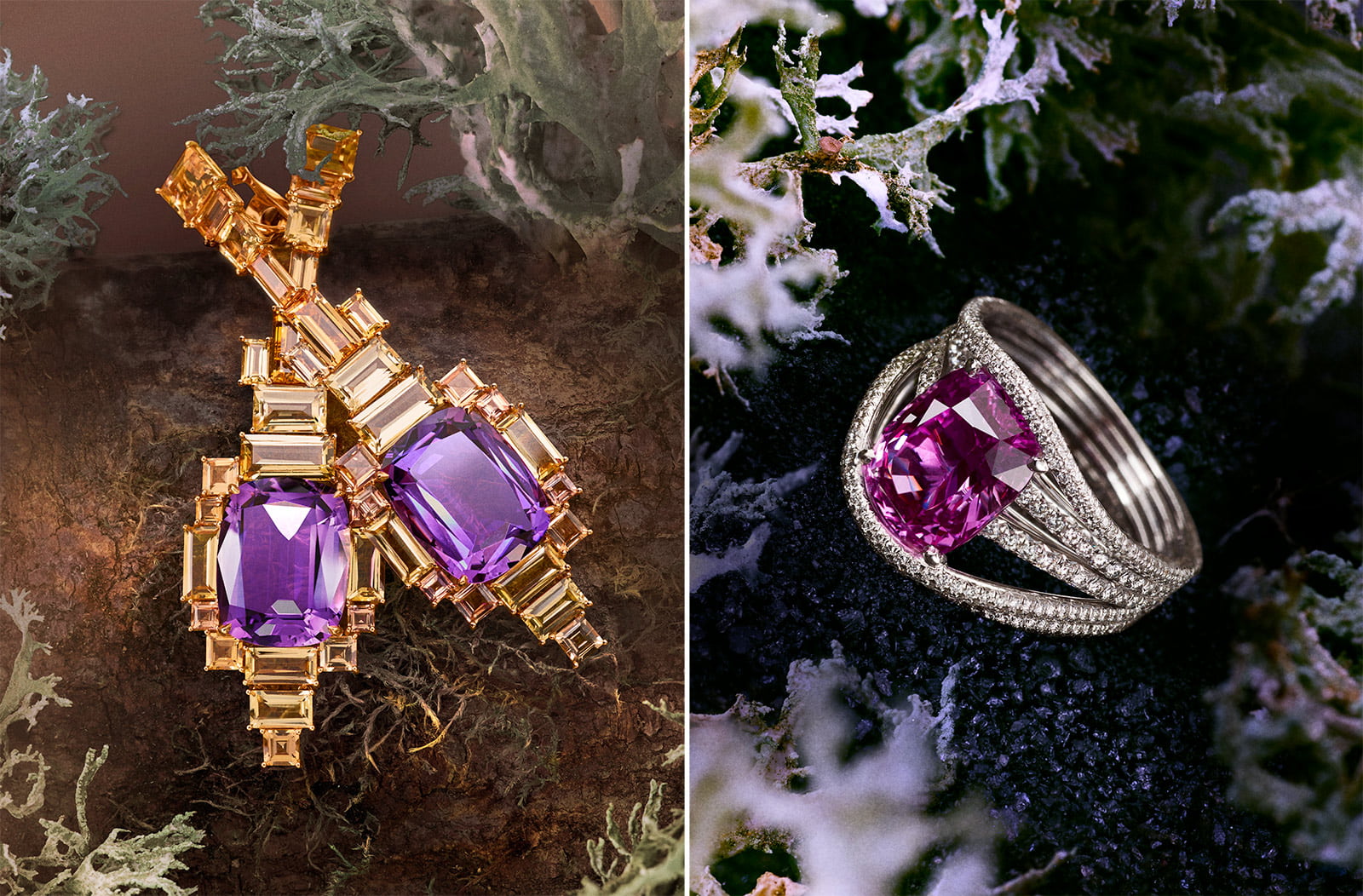 House of Geneva Horloge Fleurie Numéro 7 earrings with cushion cut amethysts and topaz (left) and the Horloge Fleurie Numéro 8 ring with a pink cushion-cut Madagascan sapphire of 5.16 carats 