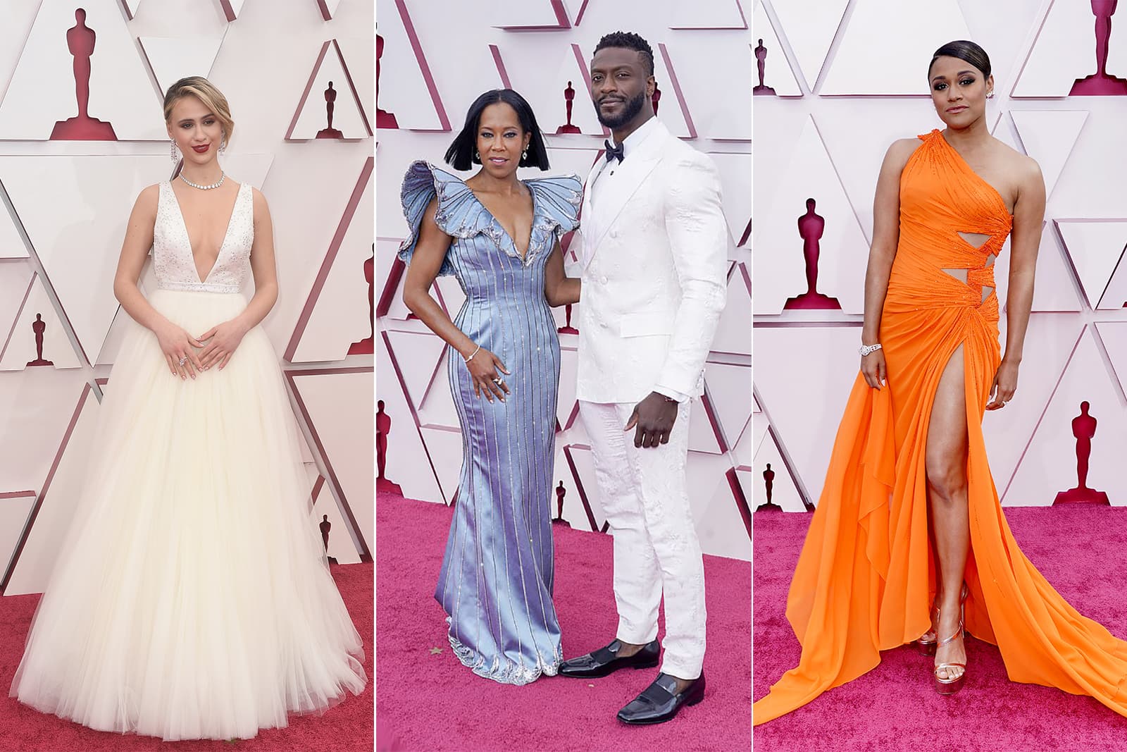 Jewellery at the 93rd Annual Academy Awards including (from left to right) Maria Bakalova in diamonds by Moussaieff High Jewellery, Regina King in Forevermark and Ariana Debose in a suite by Harry Winston 